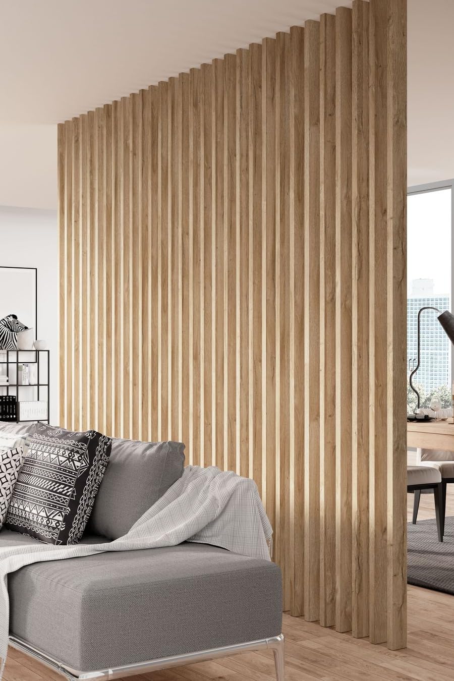 Lot de 5 Lames Murales Ajourées en MDF 240x3x8 cm Chêne Naturel Grandson – Panneaux Muraux Décoratifs Bois 3D – Cloison Amovible pour Salon ou Bureau