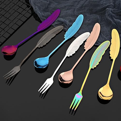 Miniatura 5 de JASHII 8 piezas de acero inoxidable 304 cuchara de café de plumas negras 4 y tenedor de aperitivo, 4 vajillas, mini utensilios de postre, cucharas