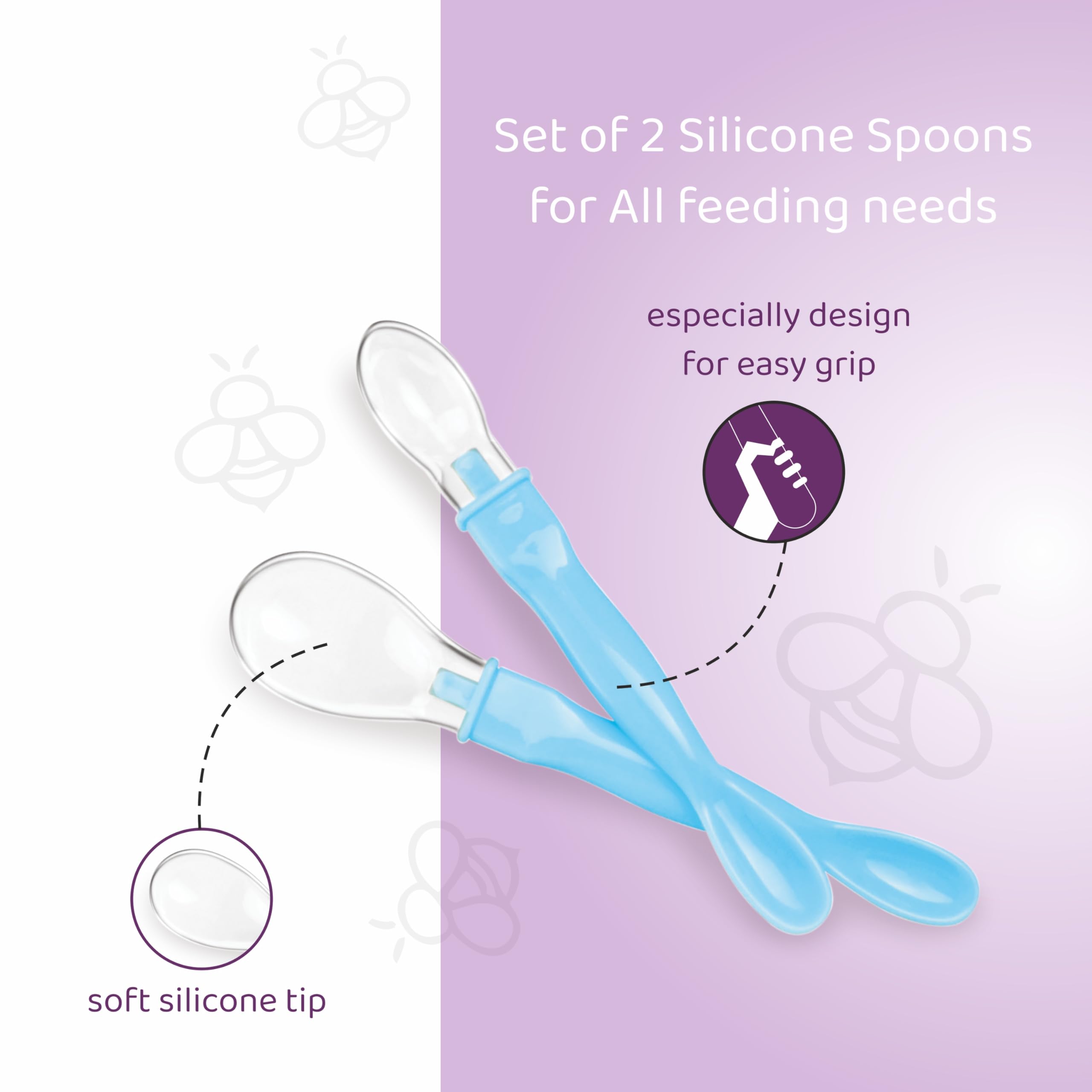 BeeBaby 3-in-1 Fun Weaning Silicone Spoon Set | Dual End Baby Feeding Spoon for Newborns & Infants | Soft BPA Free Silicone, Gentle on Gums, Easy Grip Handle β Pack of 2 (Blue) 1