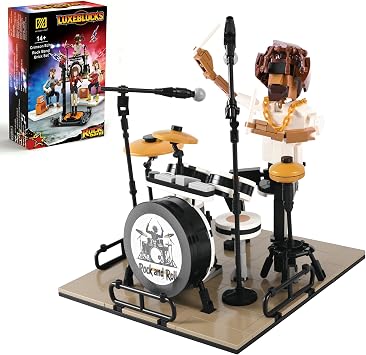 Drummer Building Set Kit Concert Stage Poseable 428Pcs Home Office Display | LUXEBLOCKS drummer diorama concert stage, poseable figure, adjustable drum set, home decor, gift for music lovers ages 14+.