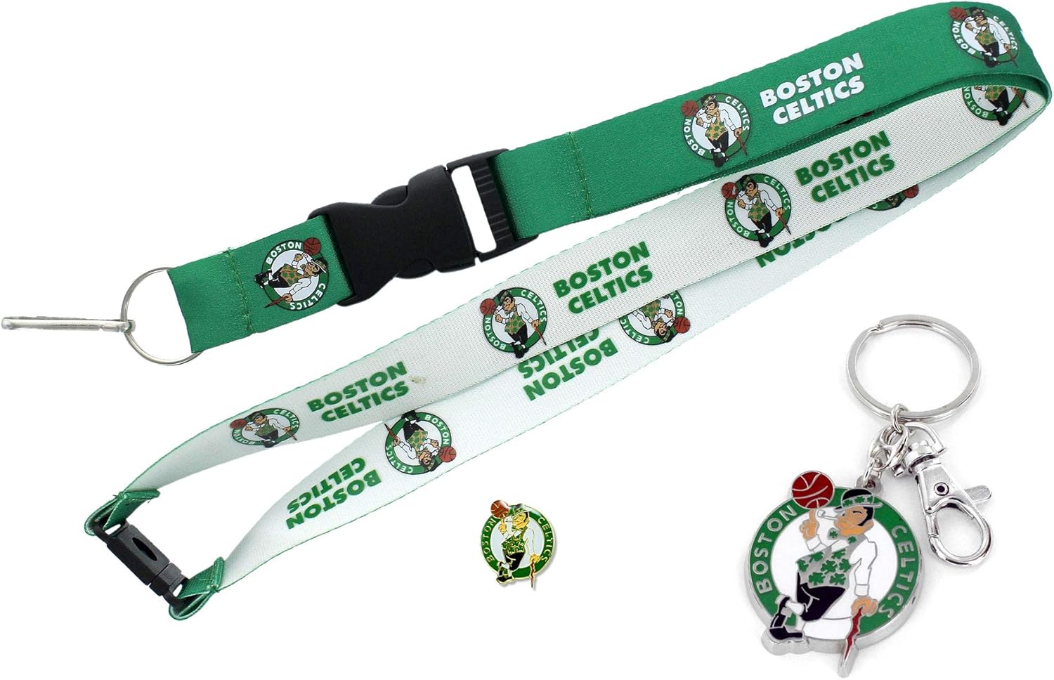 aminco NBA Boston Celtics Team Reversable Lanyard, Logo Lapel Pin, and Metal Keychain Gift Bundle