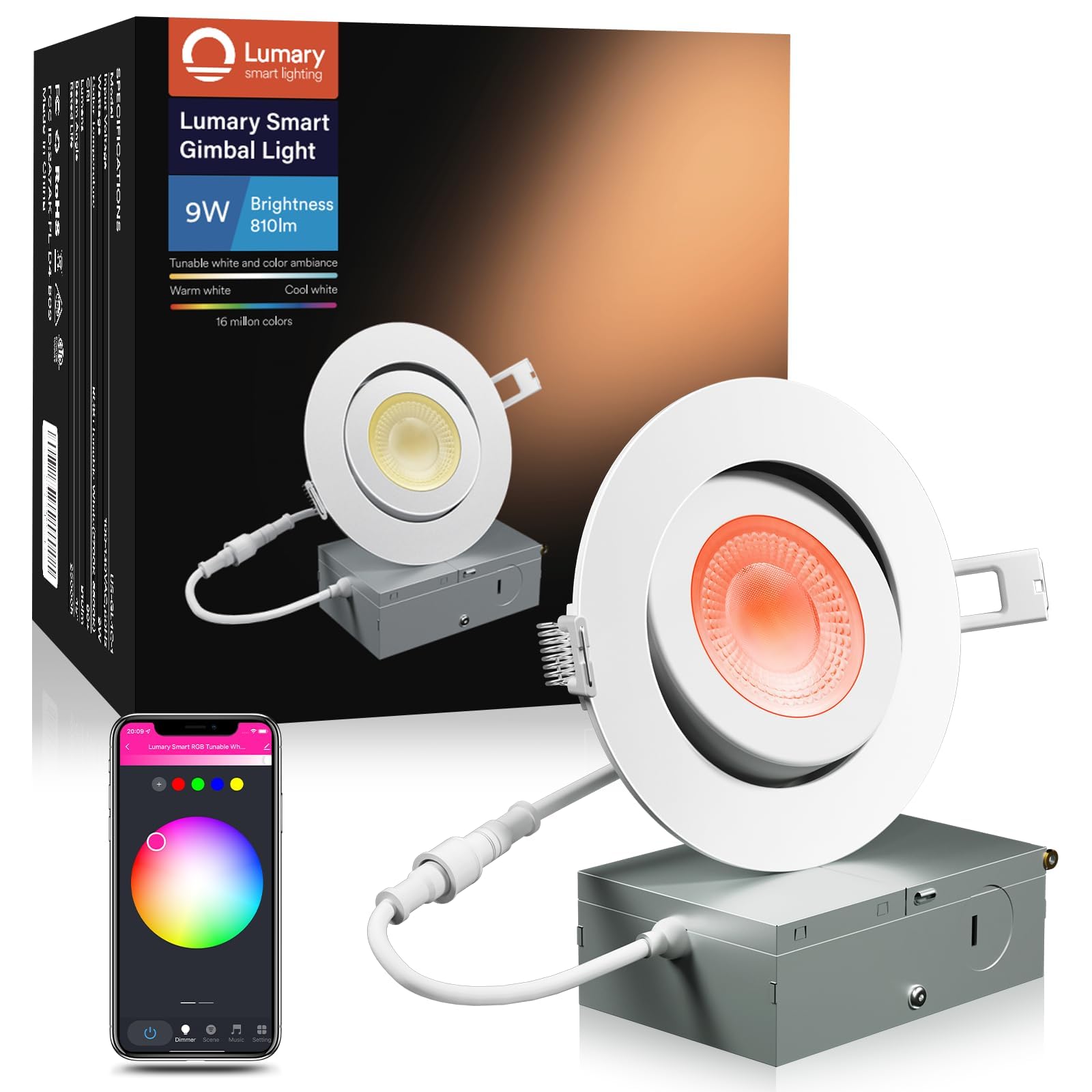 Lumary Smart Gimbal Recessed Lighting 4 Inch, Color Changing 40° Tilt, ETL