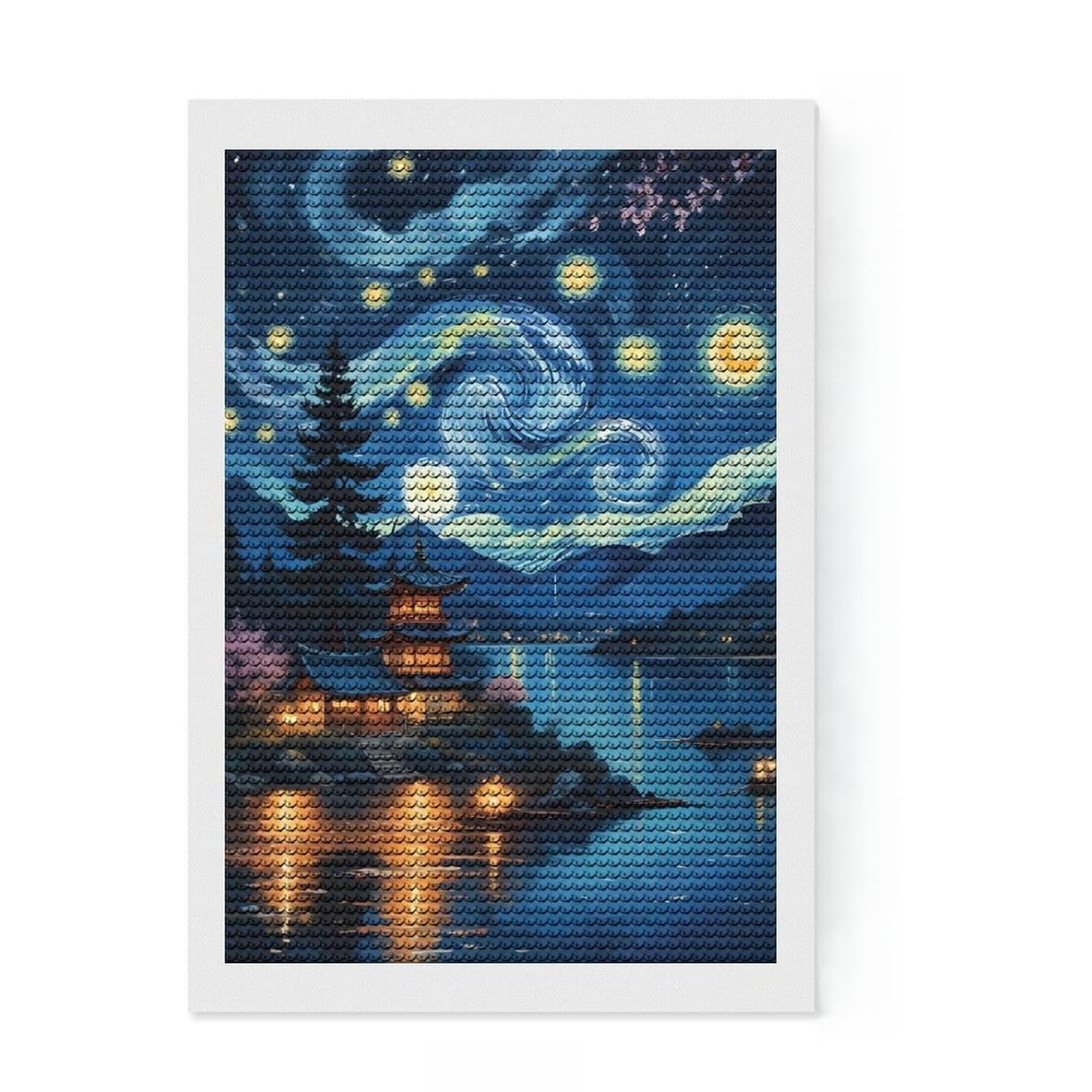 Junmoney Starry Night Japanese Diamond Art Kit 8"x12", Easy to Follow Symbols, Mindful Craft Activity, Bedroom Decor, Christmas Gift