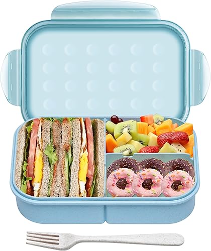 Caja Bento de paja de trigo, lonchera sin BPA para niños y adultos, contenedor de almuerzo de 3 compartimentos a prueba de fugas con utensilios,