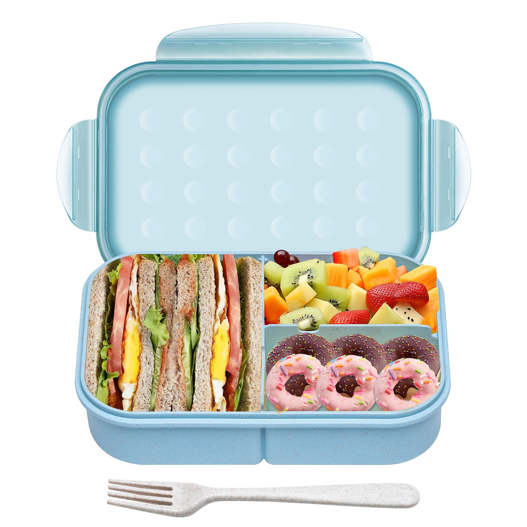 Wheat Straw Bento Box for Kids & Adults - BPA-Free Lunch Box, Leakproof 3-Compartment Lunch Containers, Microwave/Dishwasher Safe, 5.5 Cup Blue