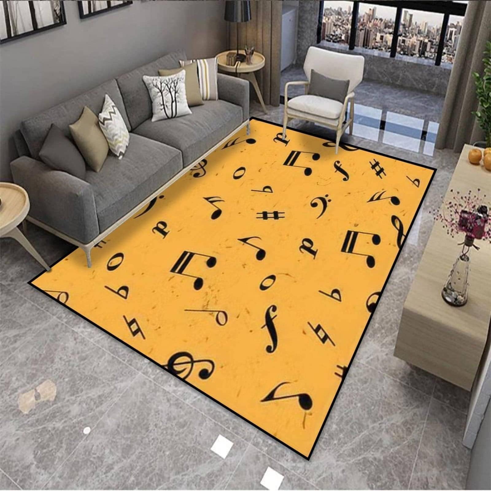 Alfombra amarilla con notas musicales en partituras, lavable, suave y afelpada para sala de estar, dormitorio, 180 x 240 cm