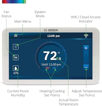 Bosch Large 5-Inch Full-Color Touch Screen Sleek Easy Setup Connected Control Smart Phone Wi-Fi Thermostat for 24V HVAC Systems with Bosch Connected Control App