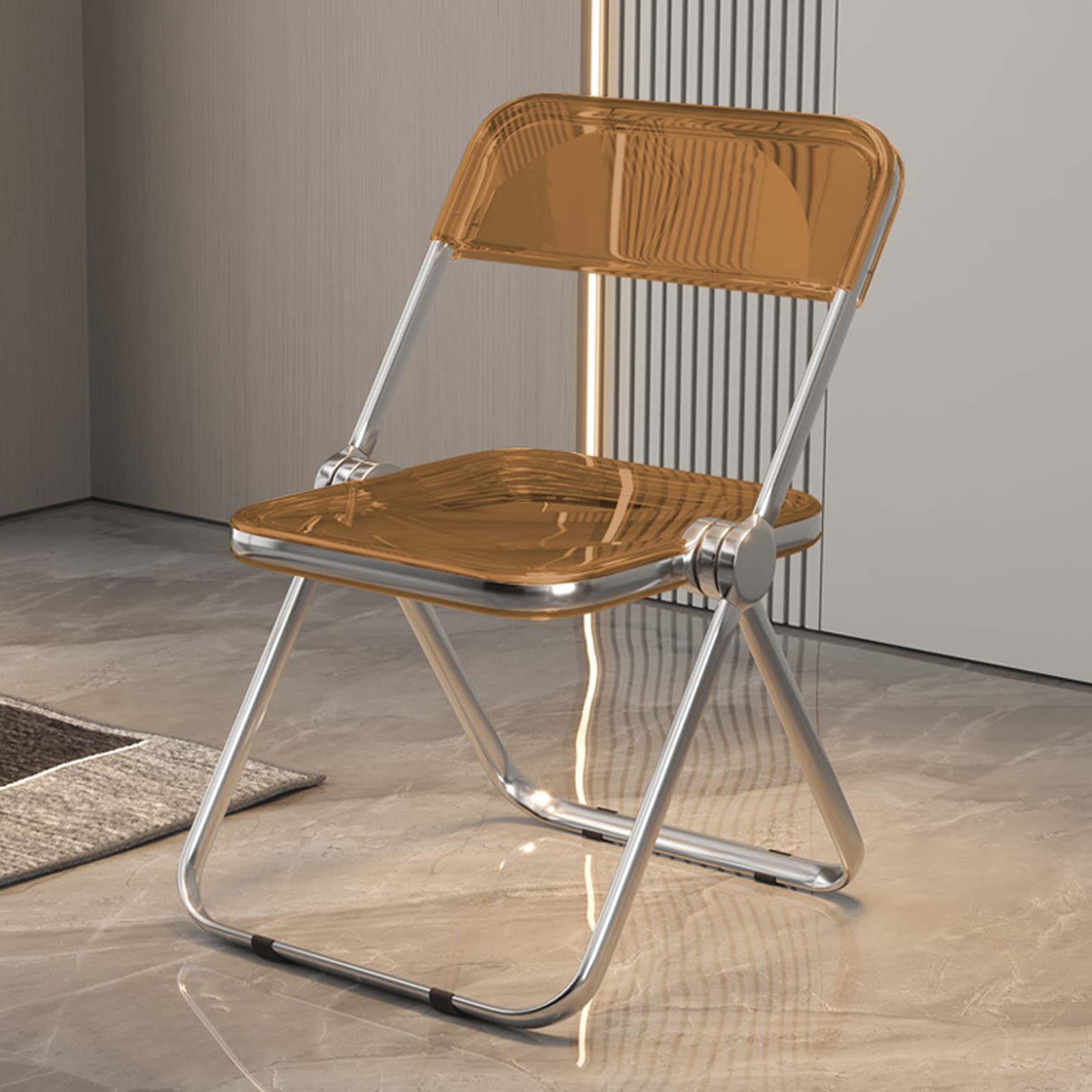 PEAKPT Transparent Acrylic Folding Chair, Terrace Living Room Dining Seat Chrome Frame, Modern Folding Chair with Backrests, for outside Inside,Orange,18.5