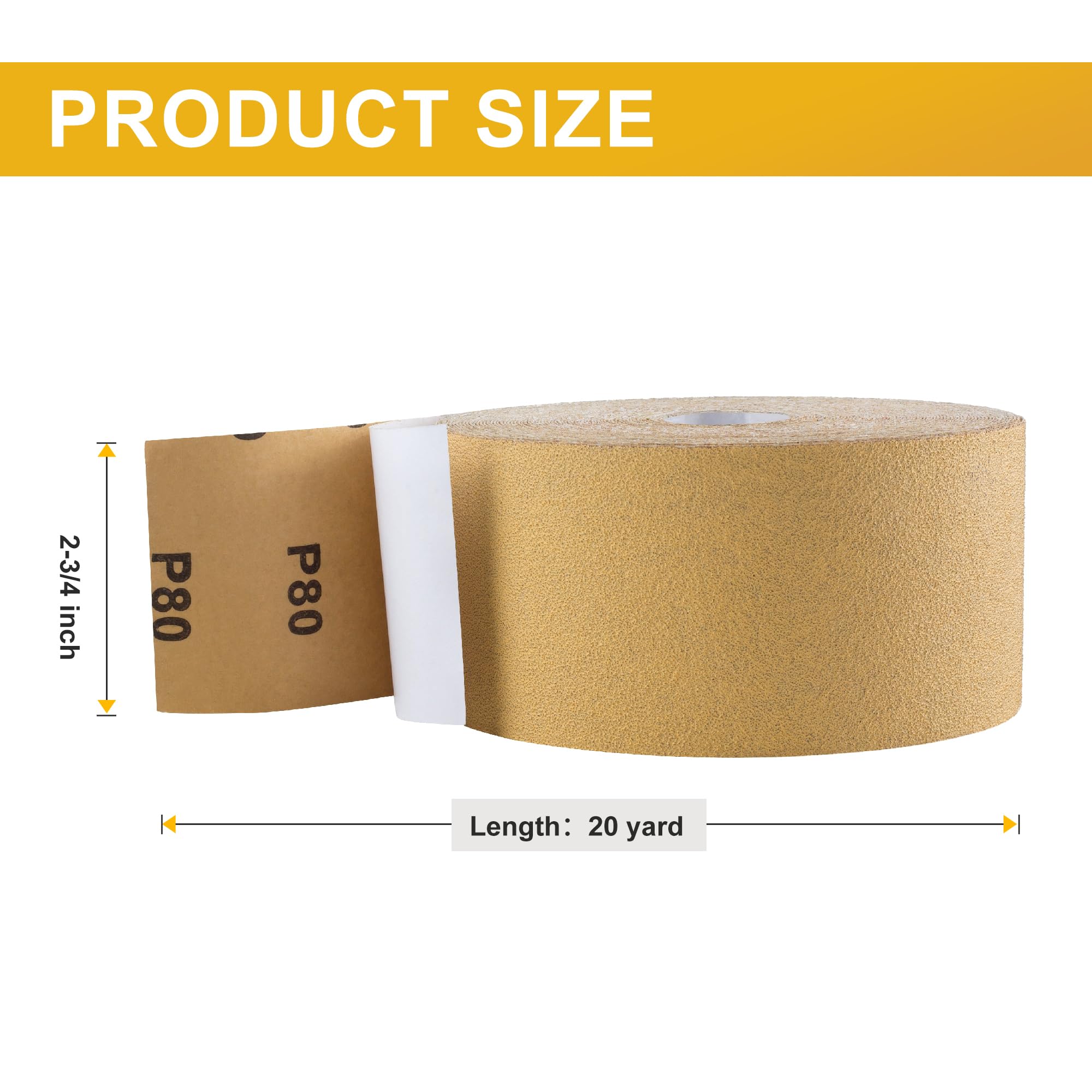 PSA - Rollo de papel de lija de grano 80, 2-3/4 pulgadas x 20 yardas, autoadhesivo, parte trasera adhesiva, rollo continuo de hojas de arena para carpintería, lijadora de carrocería y