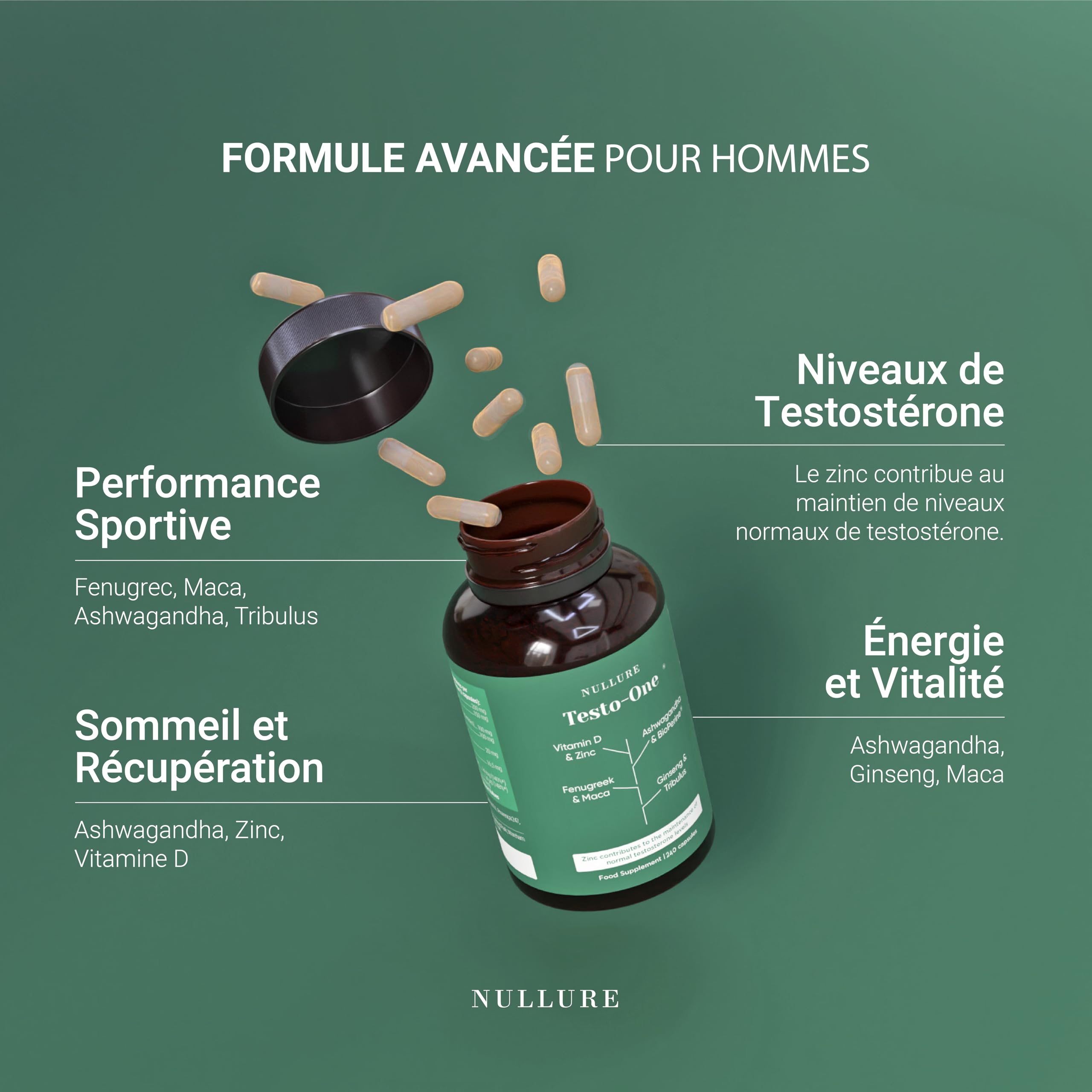 Nullure Testo-One ¹ |Vegan | Tribulus Terrestris + Maca + Ashwagandha + Zinc + Ginseng + Fenugrec + Vitamine D + Biopérine |120 gélules (2 mois)