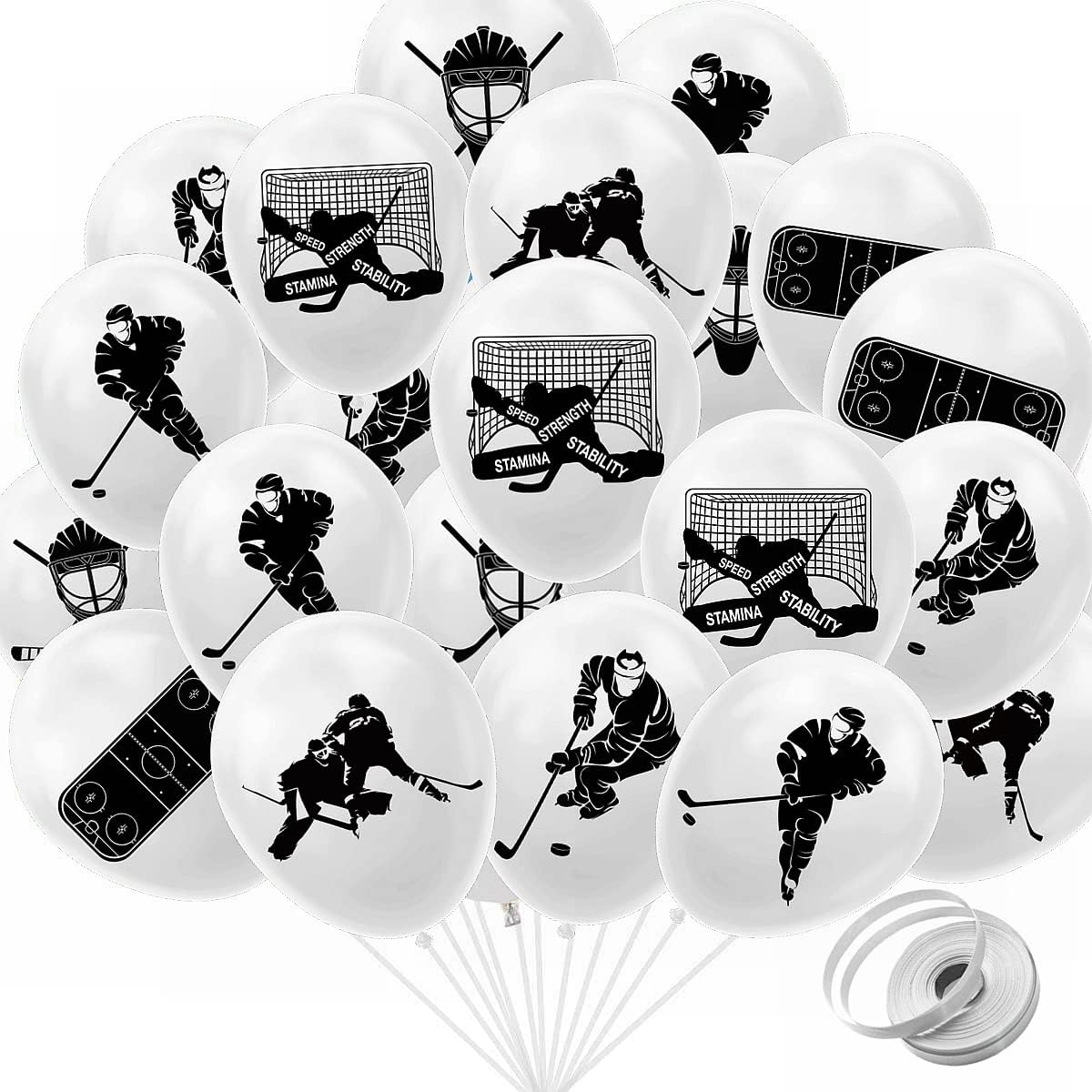 (Speed/Strength/Stamina/Stability) Ice Hockey Party Latex Balloons Hockey Birthday Party Balloons Hockey Player Puck Themed Balloons for Kids Man Hockey Fans Birthday Game-day Sport Party Supplies