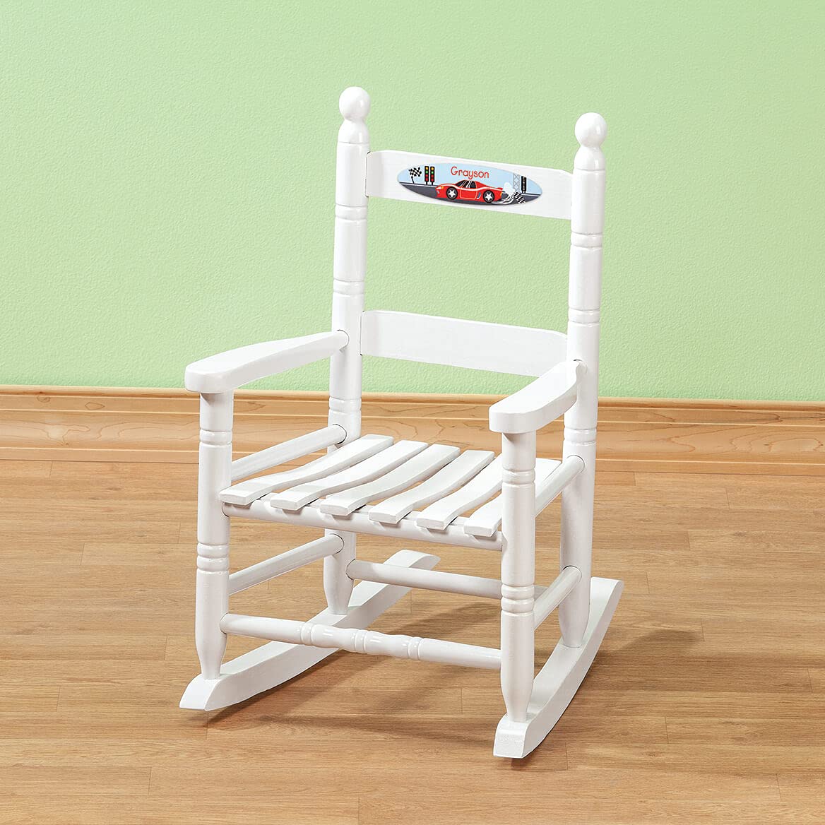 Fox Valley Traders Custom Childrens Rocking Chair, Features Classic Rocker Design and Hardwood Construction, White Finish with Racecar Design