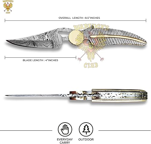 Miniatura 7 de WARLOCKS CLUB Cuchillo de bolsillo de Damasco hecho a mano con funda, cuchillo de caza plegable de 7 pulgadas con mango de madera, pequeño cuchillo