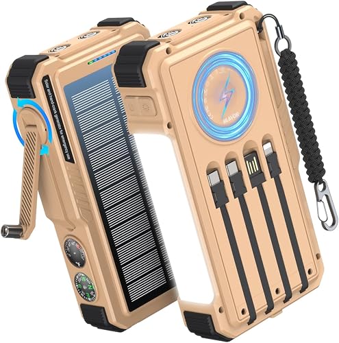 BLAVOR Banco de energía solar con manivela y 4 cables, cargador portátil inalámbrico de 74000 mWh con USB C y luz de campamento, batería de carga
