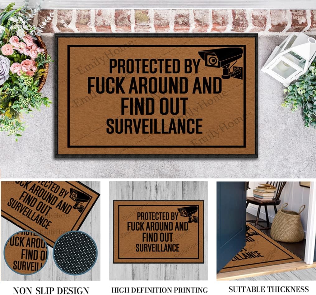 Summer Welcome Mat, Protected by Fuck Around and Find Out Surveillance Front Door Mat Funny Welcome Mats for Front Door Indoor 23.6X15.7 Inch