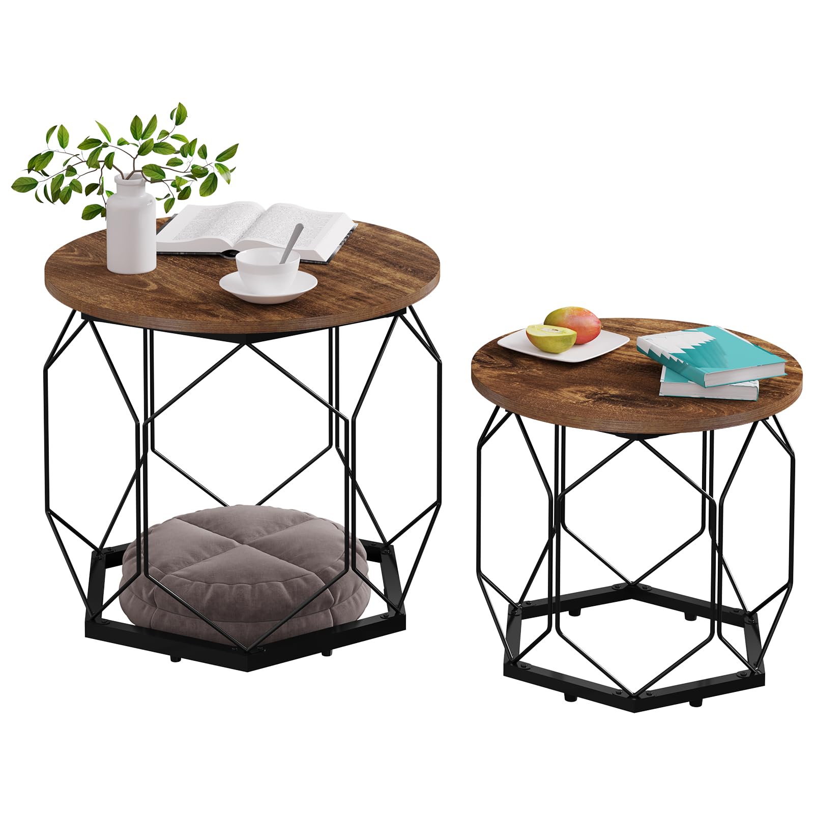 WOLTU Set of 2 Coffee Tables, Living Room Side Tables with Round Tabletop, Hollow Metal Frame, Vintage Wooden Shelves, BTS05hov