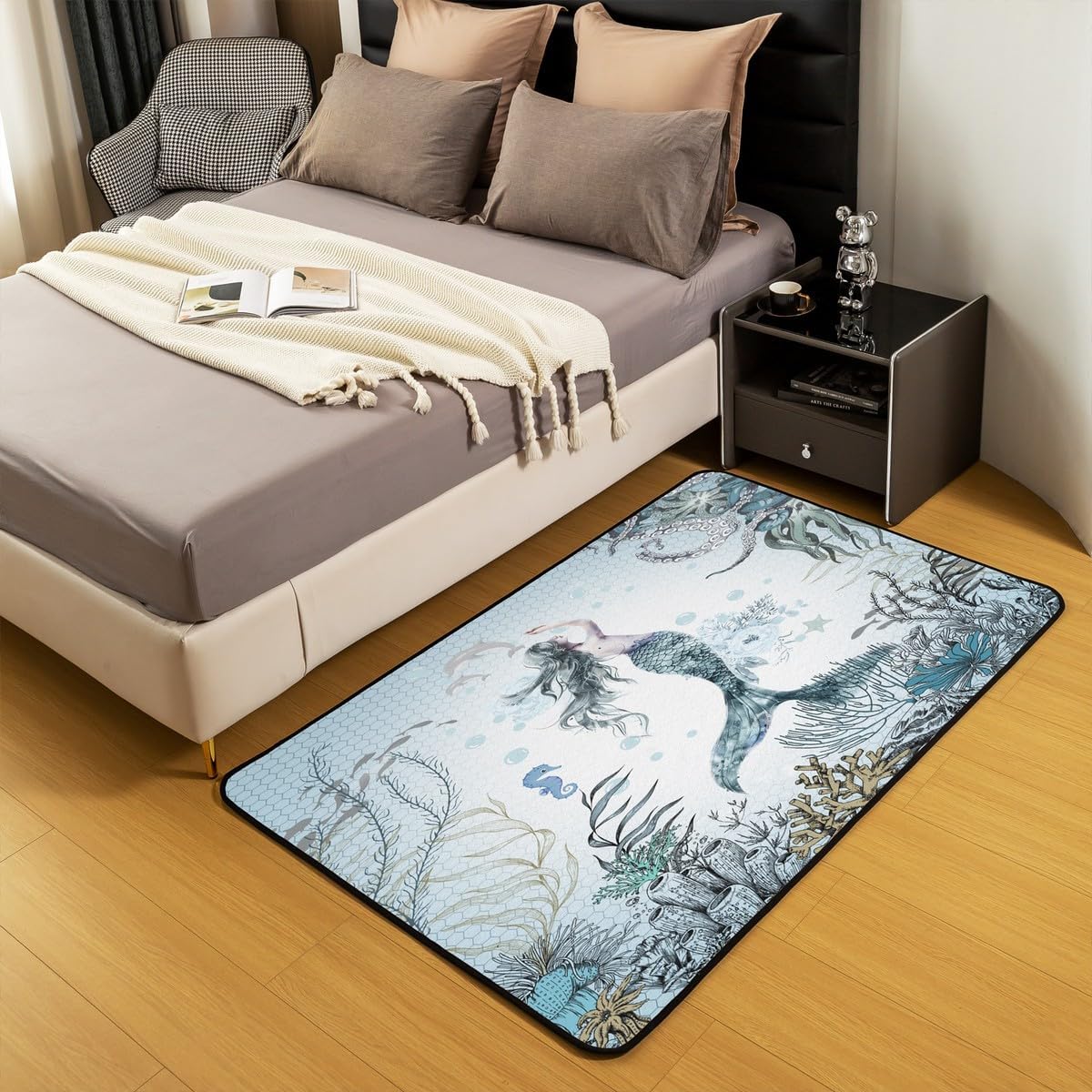 Feelyou Girls Mermaid Decorative Carpet Ocean Life Sea Animal Area Rug 5x7 for Kids Boys Girls Children Fish Scales Living Room Rugs Room Decor Pastel Indoor Floor Mat