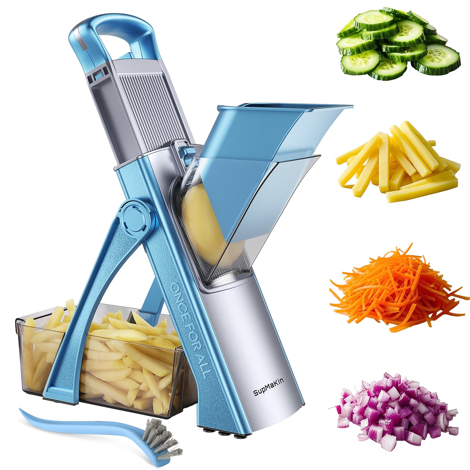 Upgrade Safe Mandoline Slicer Plus for Kitchen, SupMaKin Bigger Port Vegetable Food Potato Chopper, Adjustable Thickness, Julienne & Dicer With Vegetable Spiralizer (LightBlue)