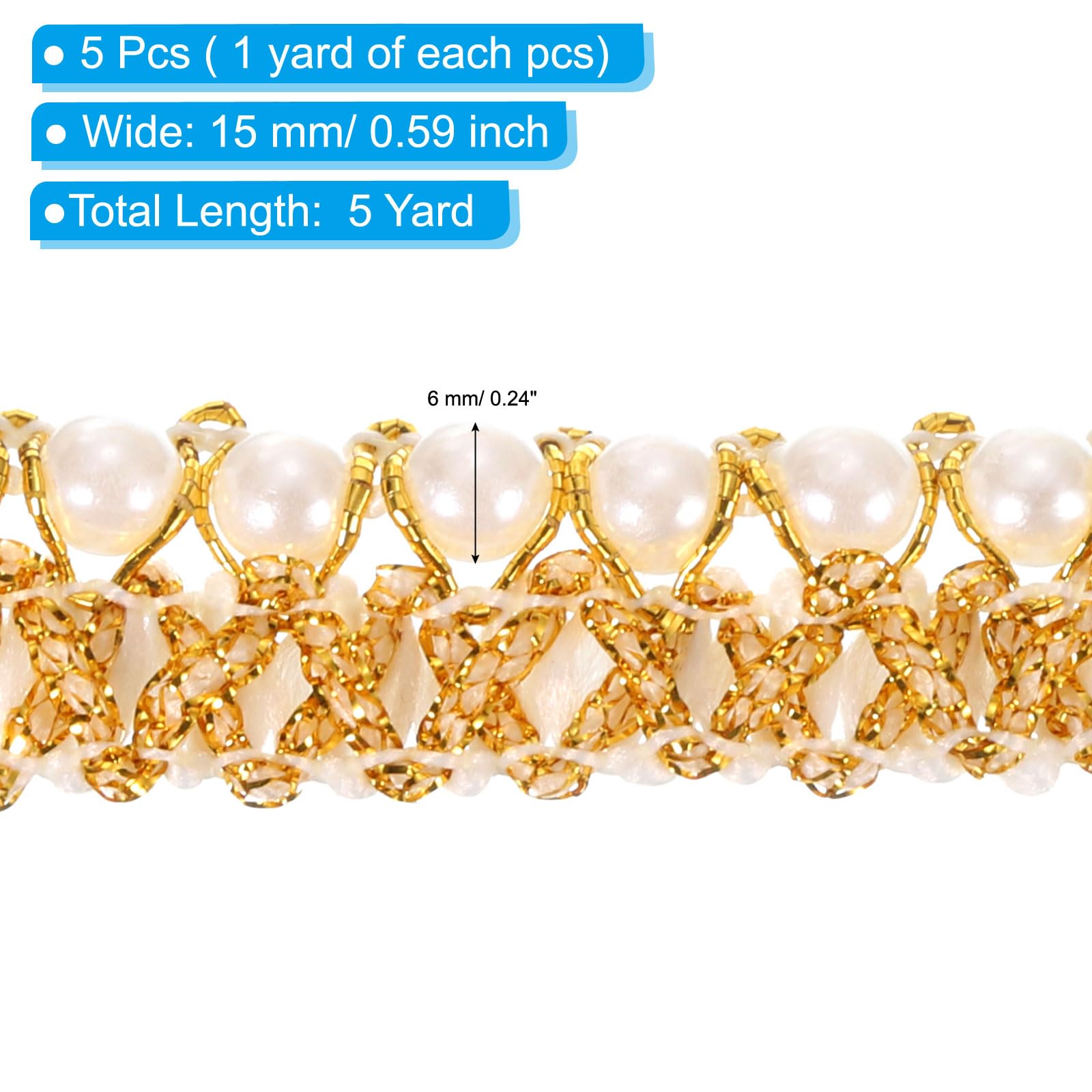 PATIKIL 5 Yard White Golden Pearl Braided Lace Ribbon - Image 2