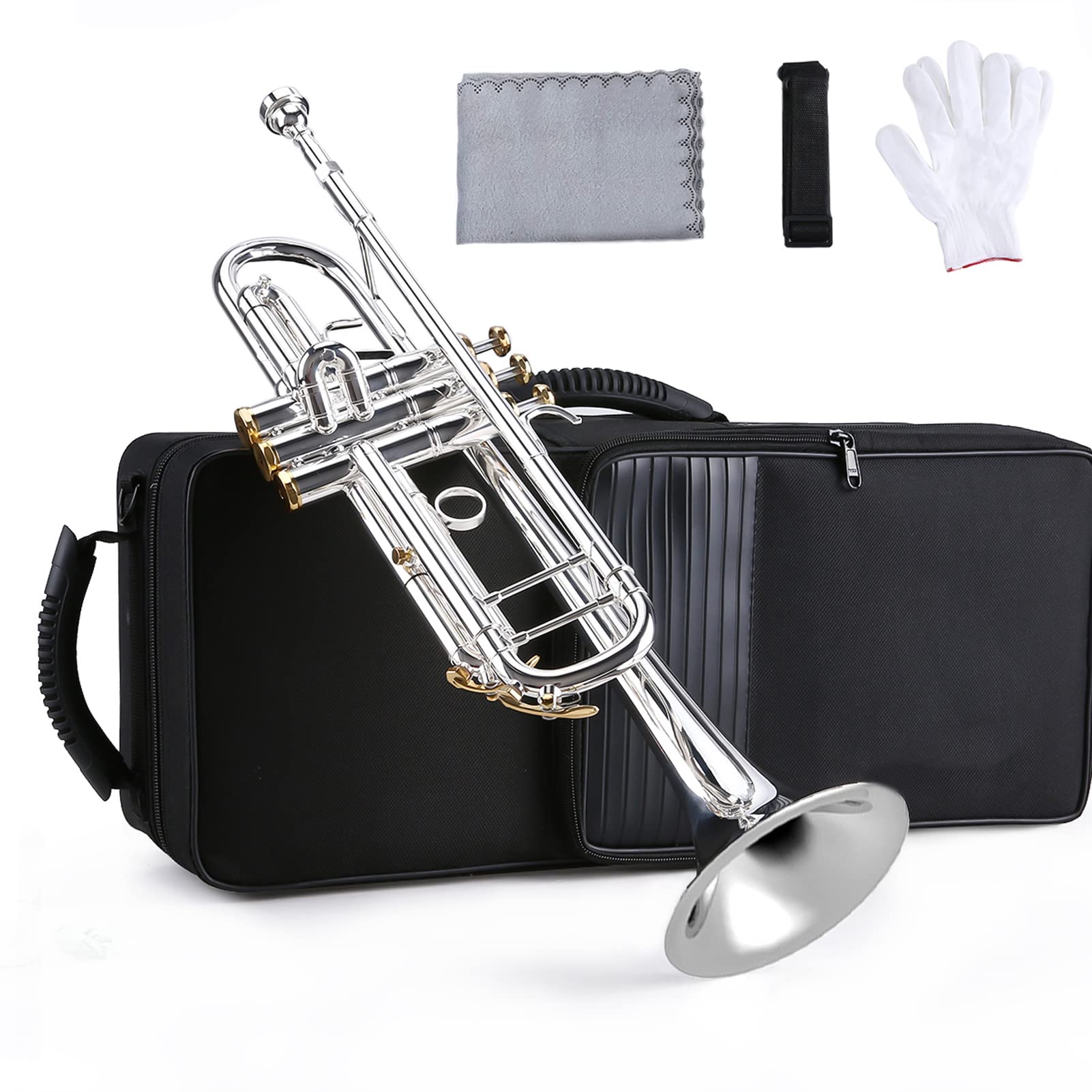 AUNMAS Professionelle B-Flachtrompete, Versilbertes Messing mit 5C-Mundstück, Inklusive Tragetasche, Handschuhen und Reinigungstuch für Musiker