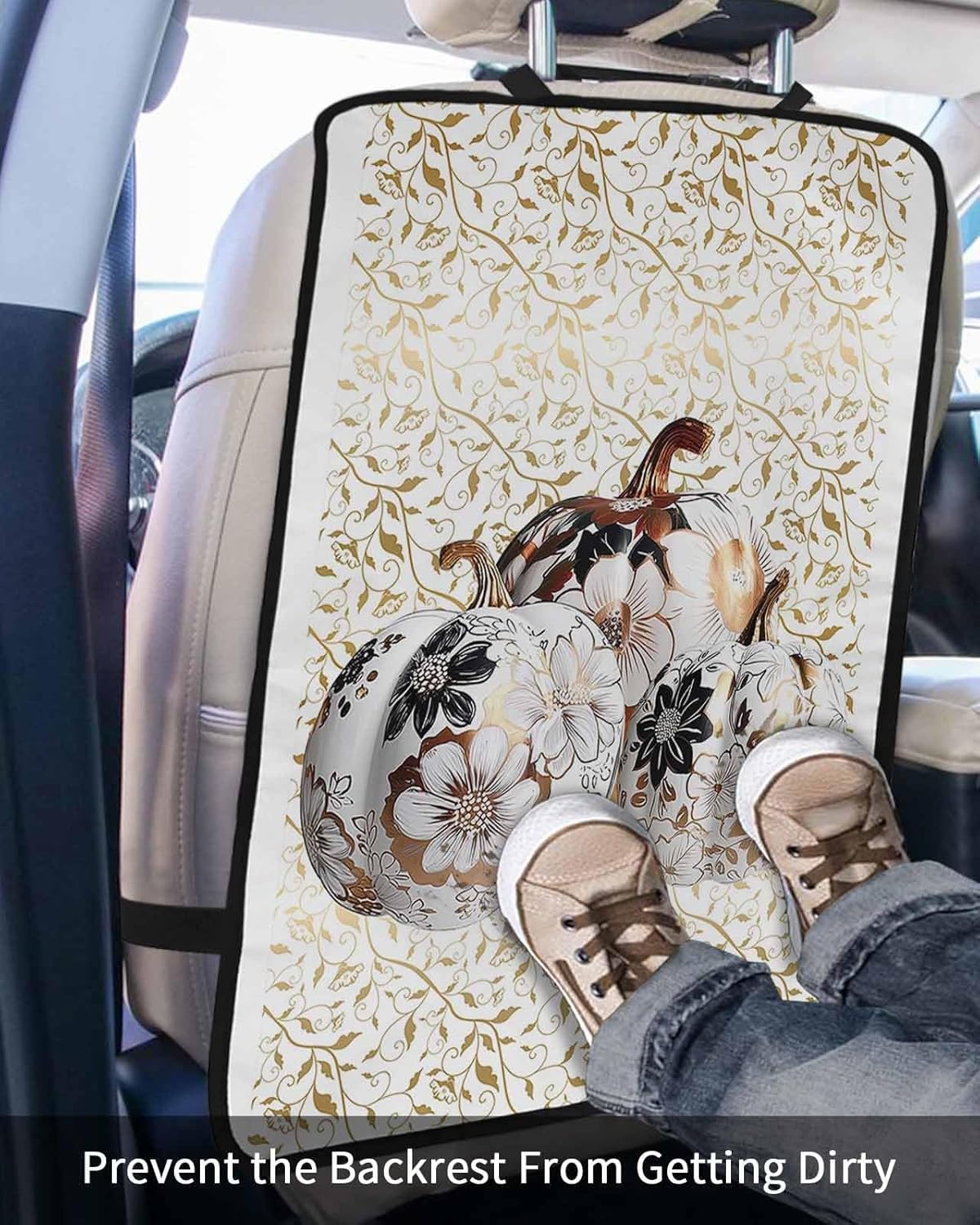 Car Seat Protector, 2 Pack Kick Mats Back Seat Protector Fall Thanksgiving White Golden Pumpkin Retro Floral Leaves Texture Waterproof Backseat Cover for Universal Fit Automotive Interior Protectors