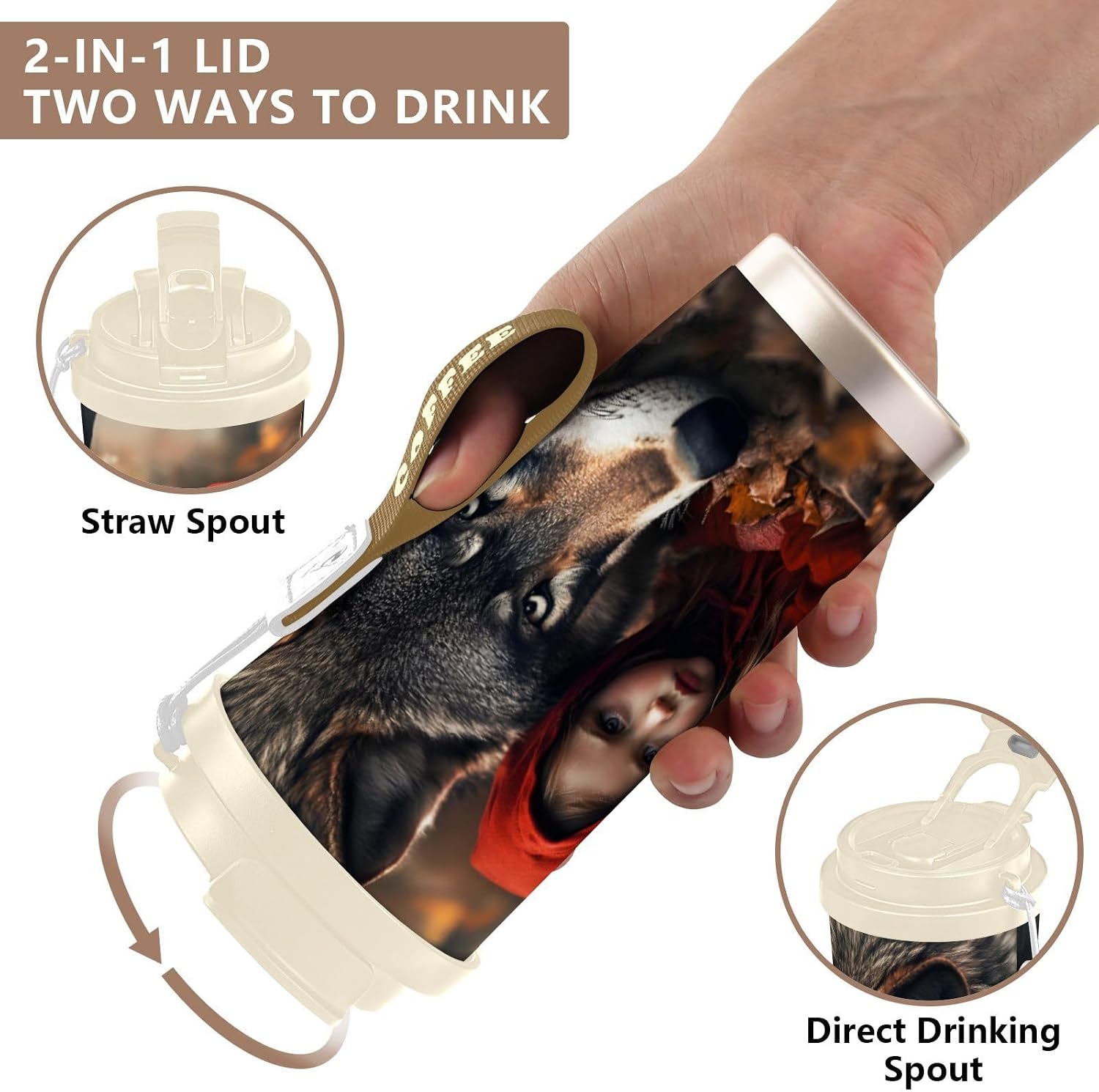 Wolf Scary Autumn Woman Insulated Coffee Mug with Straw & Flip Lid, 16.9oz Iced Tumbler Cup, Double Wall Vacuum Mug for Travel Office