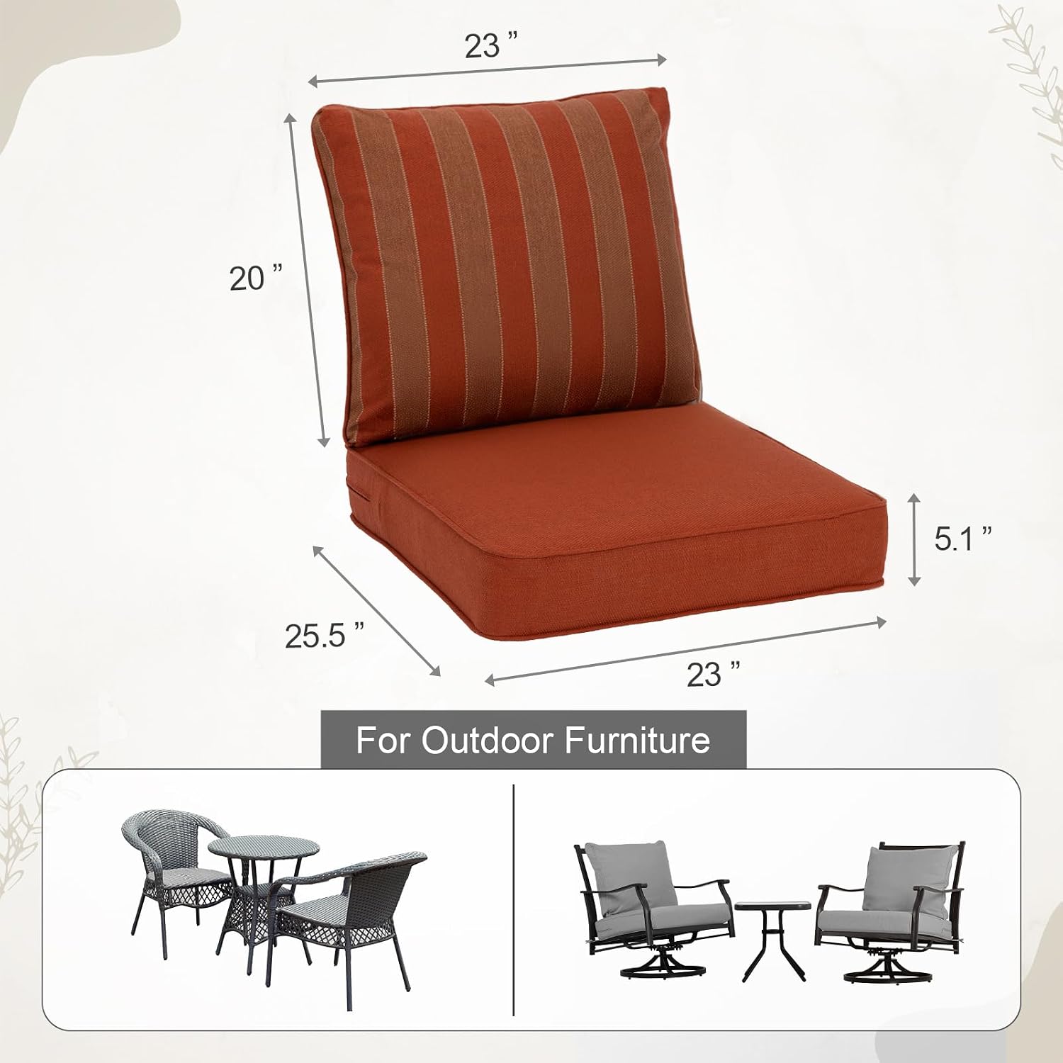BPS 23x26 Inch Patio Seat Cushions, Fade-Resistant Olefin Fabric Outdoor Deep Seat Cushion with Removable Cover and Adjustable Straps for Wicker Chairs, Sofas, Love Seats, Set of 2, Red Striped