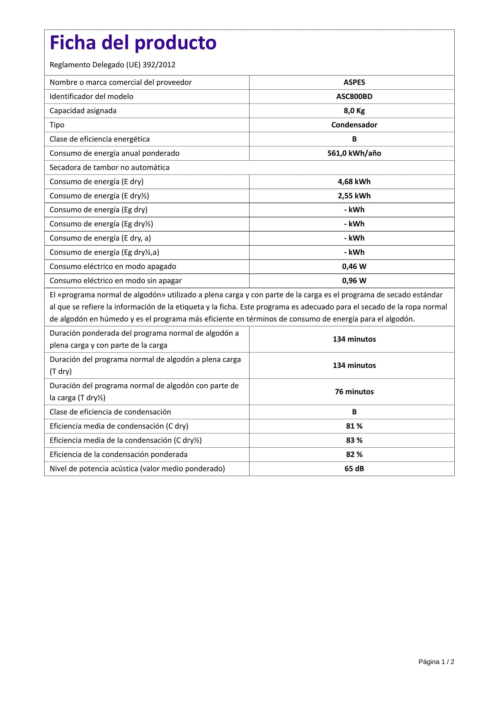 Aspes Secadora de Condensación 8Kg Carga Frontal Blanco ASC800BD. 2700W, 15 Programas, Función Antiarrugas, Función Antiarrugas, Display LED manual, Eficiencia Energética Clase B