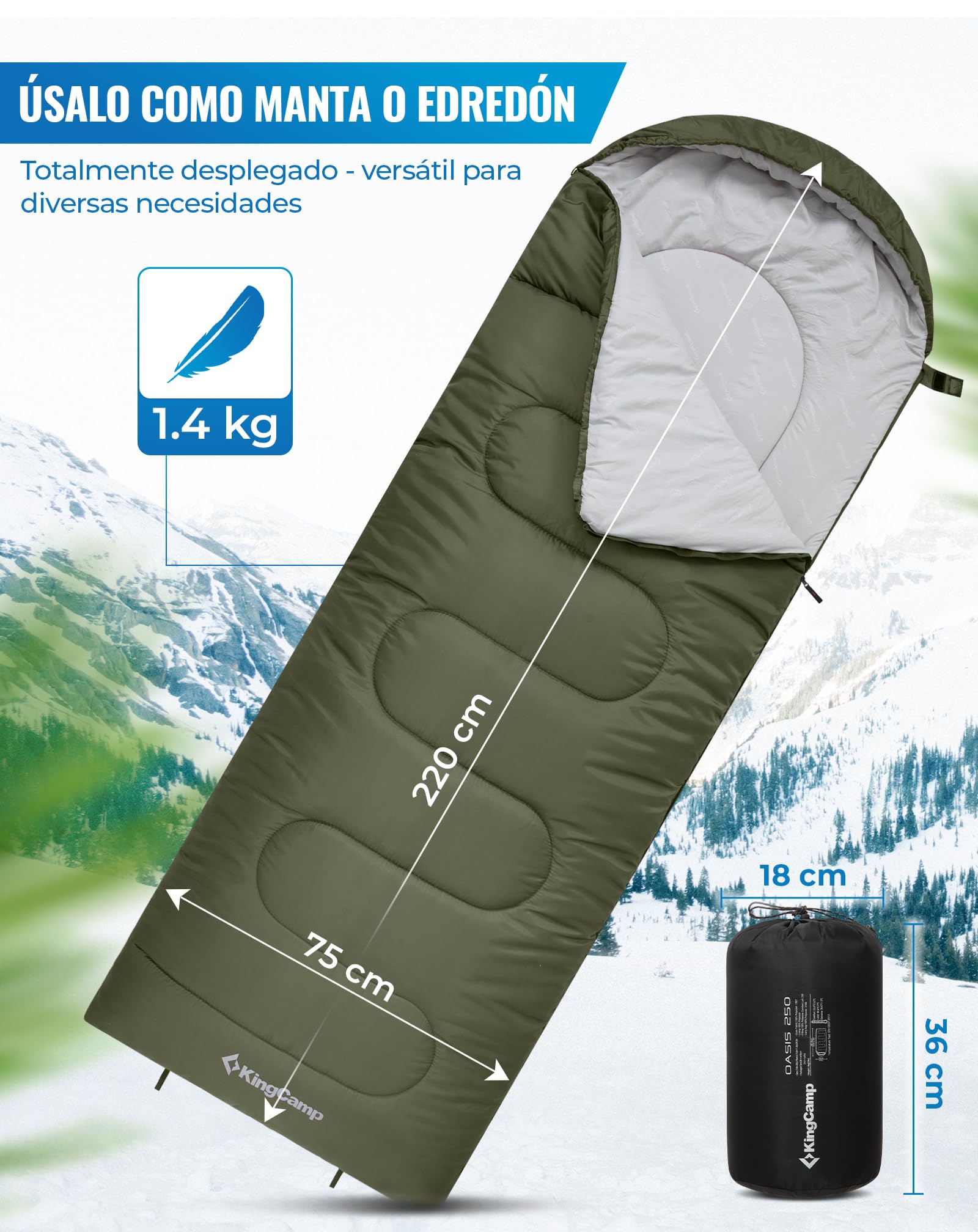 KingCamp Saco de Dormir Oasis 3-4 Estaciones Impermeable y Ligero para Camping (Niños y Adultos) - Conectable Izquierda/Derecha para Saco Doble, Ideal para Viajes y Actividades al Aire Libre - 3
