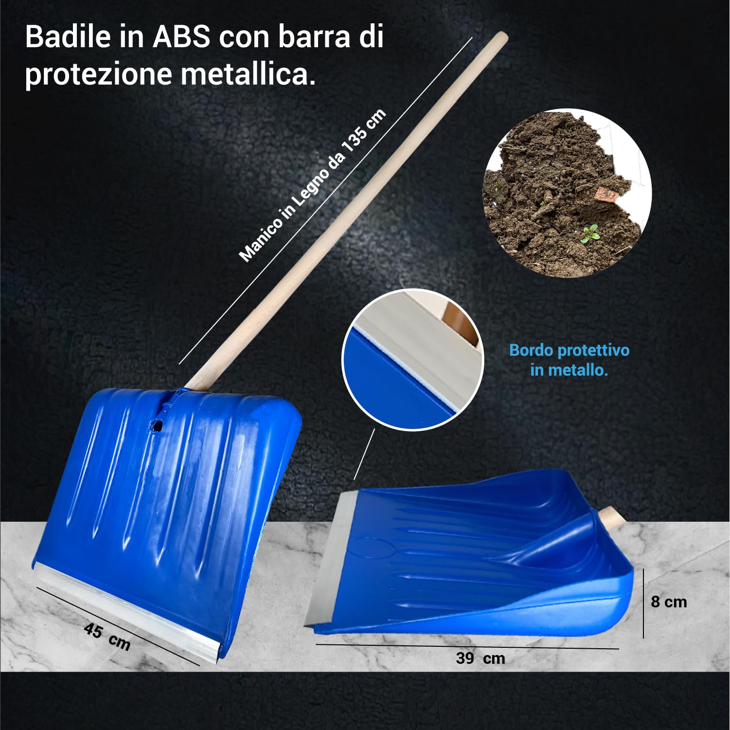 Crisalide® - Baie professionnelle en ABS, extrémités renforcées en aluminium anti-choc, 45 x 38 cm, poignée 135 cm, polyvalente pour usage agricole, jardinage et construction, pelle ergonomique