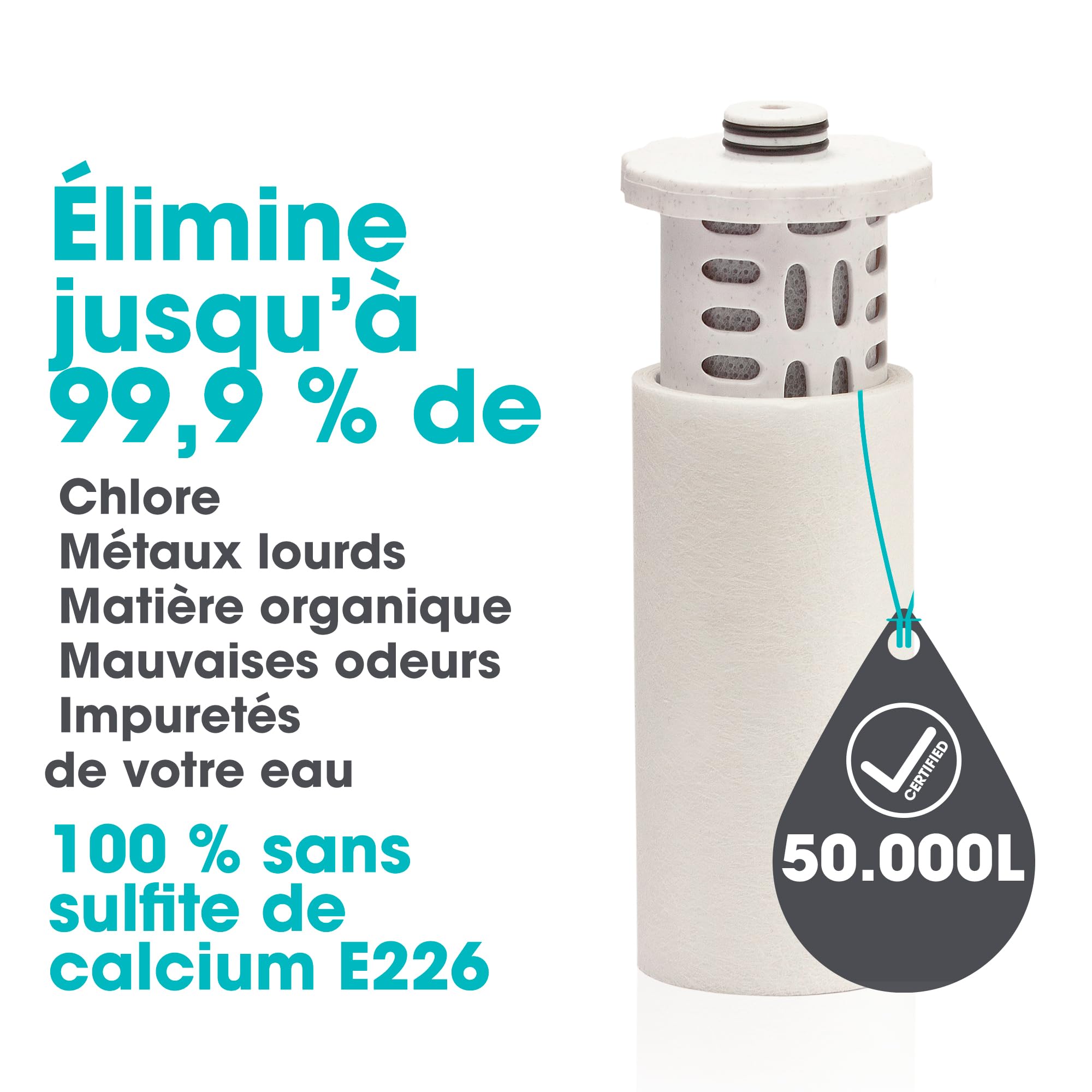 Filtre Eau Douche 50000 L Remplaçable pour Cheveux et Peau Anti Calcaire | Filtration double phase 50 000 litres charbon actif coton PP peau cheveux sensibles sans sulfate de calcium