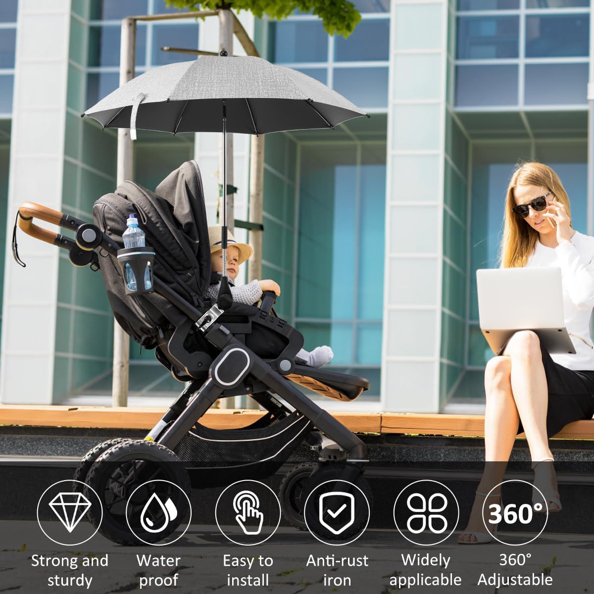 Baby Stroller Parasol, 33.5in Clip-On Baby Stroller Umbrella, 360° UV Protection Baby Pram Umbrella w/Adjustable Clamp, Waterproof Sun Protection Shading Umbrella for Trolley Bike Beach Chair
