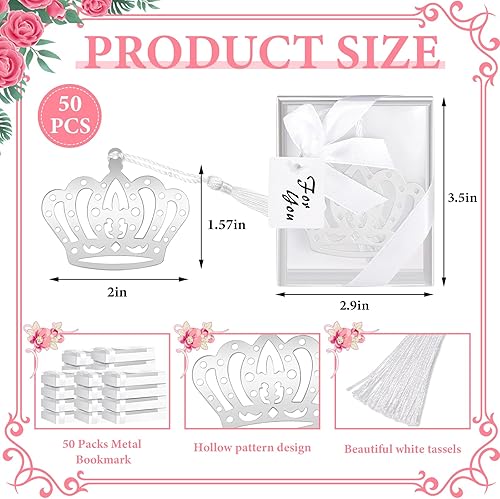 Miniatura 2 de 50 marcapáginas con diseño de corona para niñas, regalo de quinceañera – Regalos plateados de princesa para amantes de los libros de metal con cajas