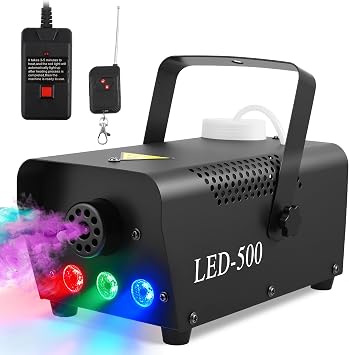 Fog Machine, 500W Smoke Machine with Wireless Remote Control & Automatic Spray Function, Mini Fog Smoke Machine with 3 RGB LED, Great for Halloween Christmas Party Wedding Stage Effect with Light