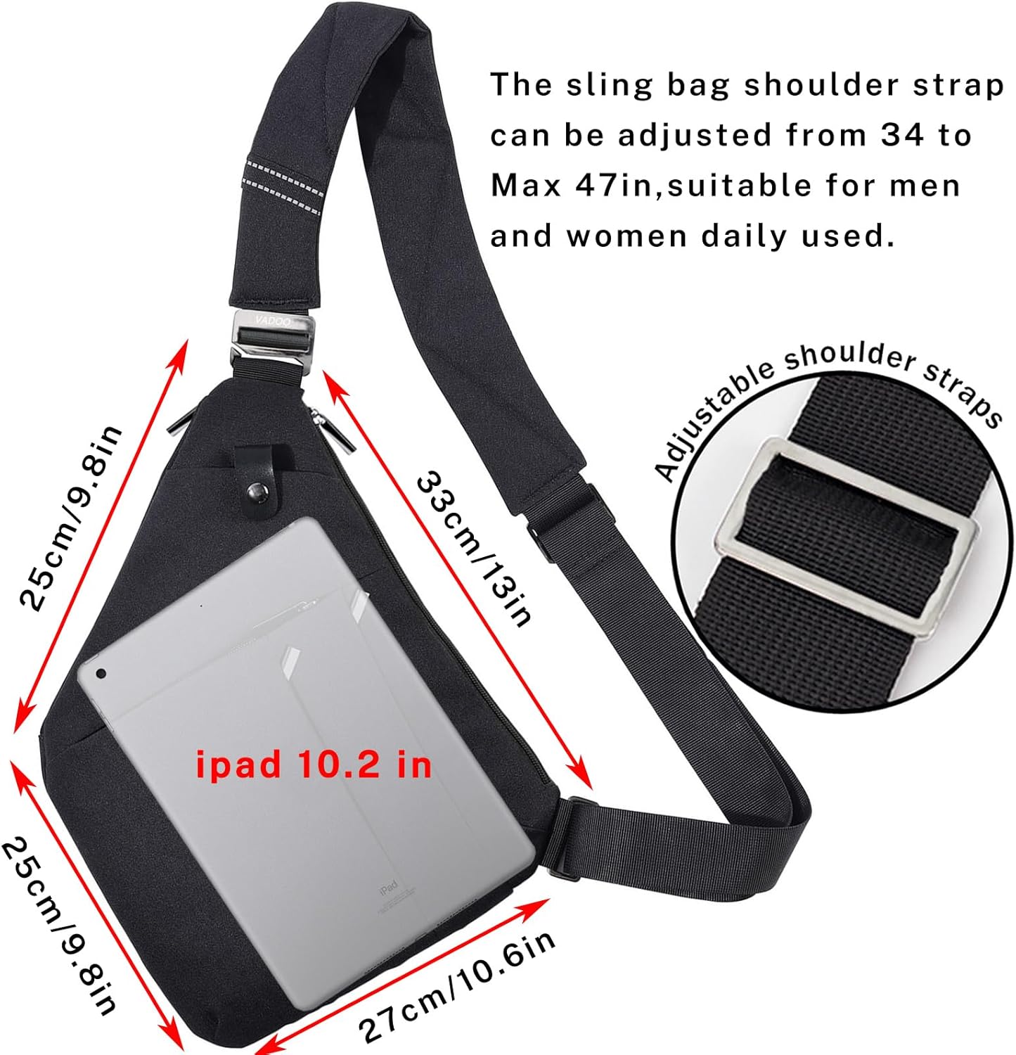 VADOO Anti-theft Sling Bag, RFID Blocking Crossbody Bag for Women and Men Lightweight Shoulder Chest for Travel Sport, Black 2.0, Large - Image 7
