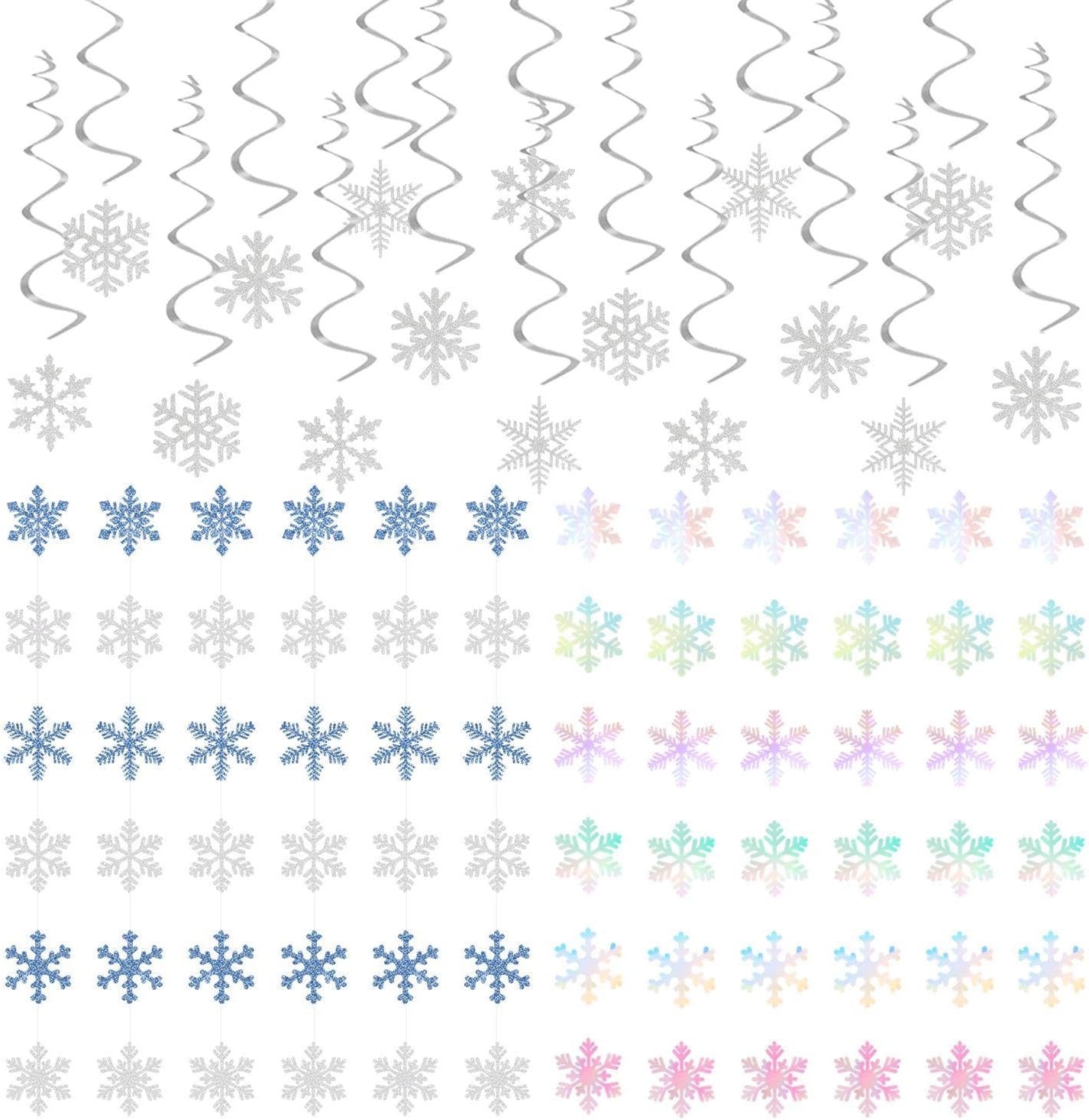 Snowflake-Snow Blue-Silver Christmas Party-Decorations Garland and Iridescent-Holographic Snowflake-Snow Christmas Party and White-Silver ecorations Streamers