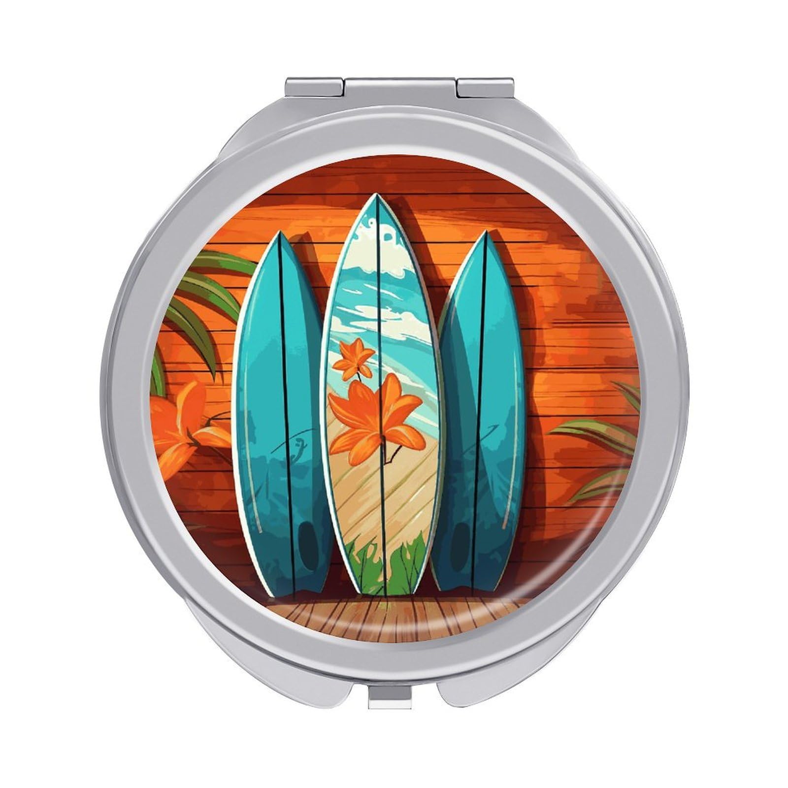 FekiLoot Surfboard on Wooden Travel Makeup Mirror 2 X /1 X Magnifying Slim Pocket Mirrors Compact for Purse Travel Makeup Mirrors for Pocket, Handbag, Purse Women Gift