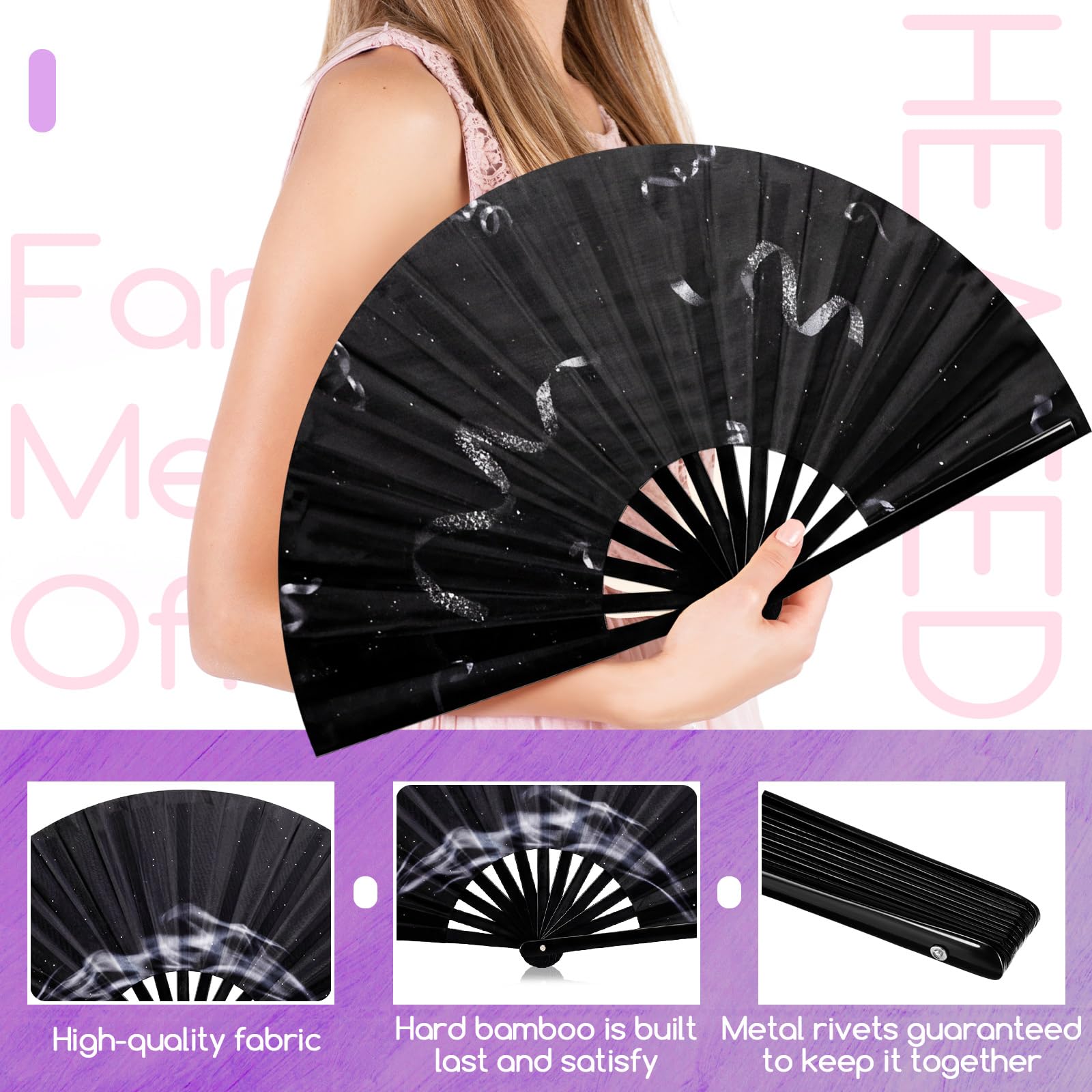 FairySandy 6 abanicos de mano grandes para rave, abanicos icónicos, abanicos plegables de bambú, abanicos chinos de mano para mujeres y hombres, conciertos, festivales, desfiles, actuaciones de fiesta