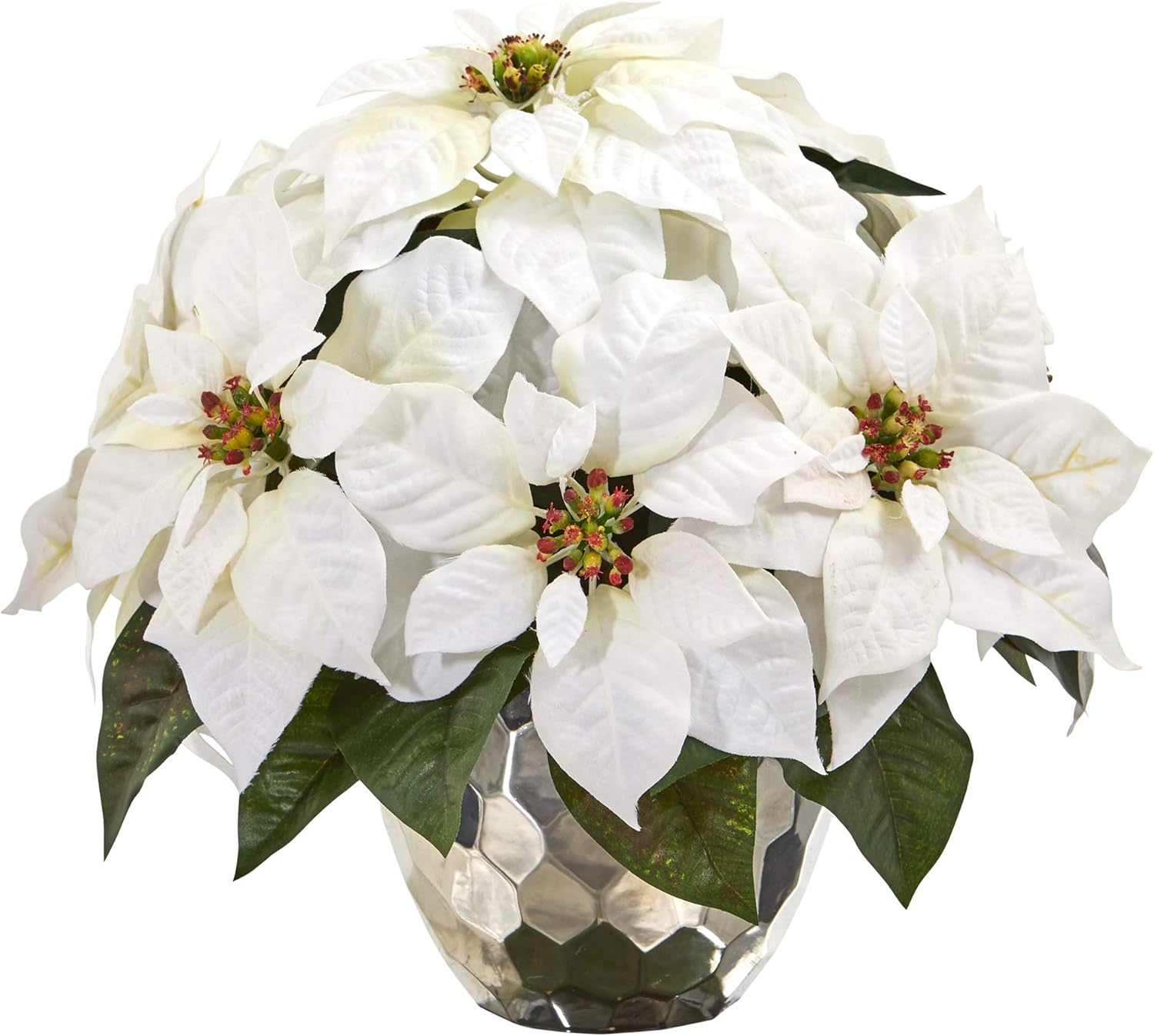 Nearly Natural 14in. Poinsettia Artificial Arrangement in Designer Silver Bowl
