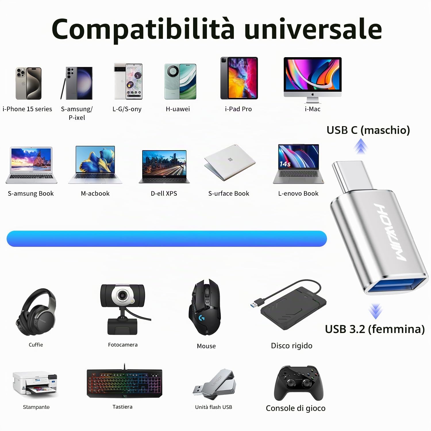 Adattatore da USB C a USB 2Pezzi,Ricarica Rapida 3A 100W,OTG 10Gbps Adattatore Type-C Maschio a USB3.2 Femmina per M-acBook Pro/Air Phone 17/16/15 Pad G-alaxy X-peria D-ell XPS S-urface Argento
