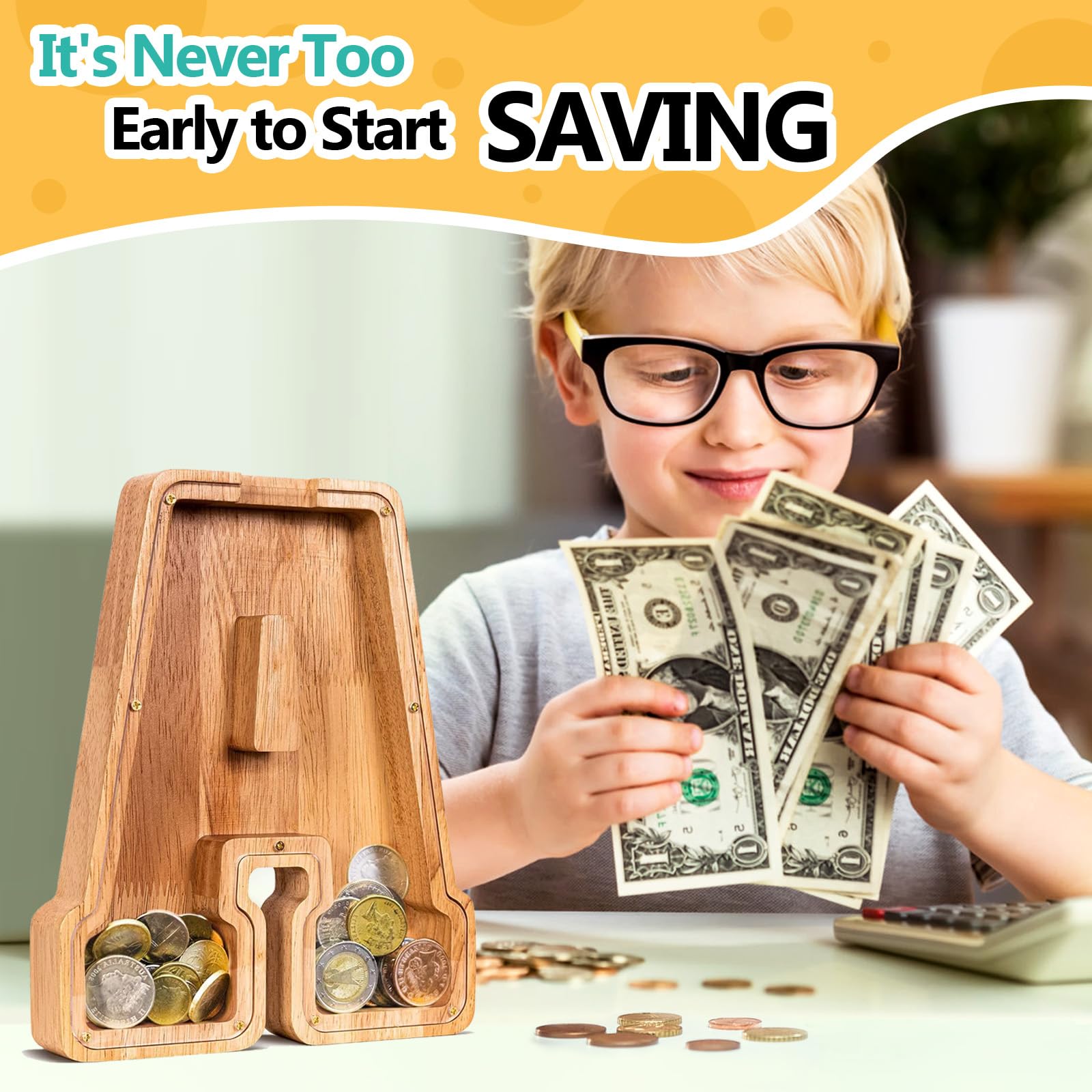 Summidate Salvadanaio con Lettera in Legno A-Z, Banca dei Soldi Personalizzato per Bambini e Bambine | Regalo di Compleanno con Banca di Monete