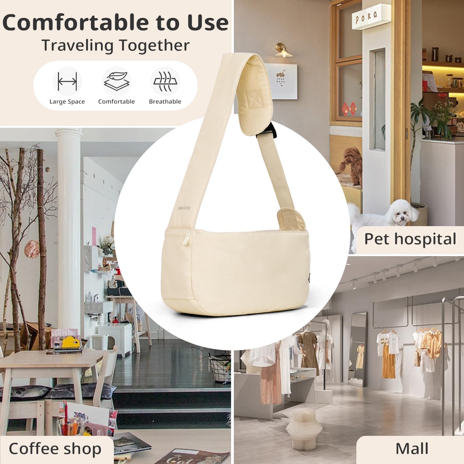 ONECUTE Dog Sling Carrier for Small Dogs and Cats, Lightweight Collapsible Pet Travel Bag with Adjustable Strap, Side Pockets & Breathable Mesh (Beige, 15.7" L x 5.9" W x 8.6" H)