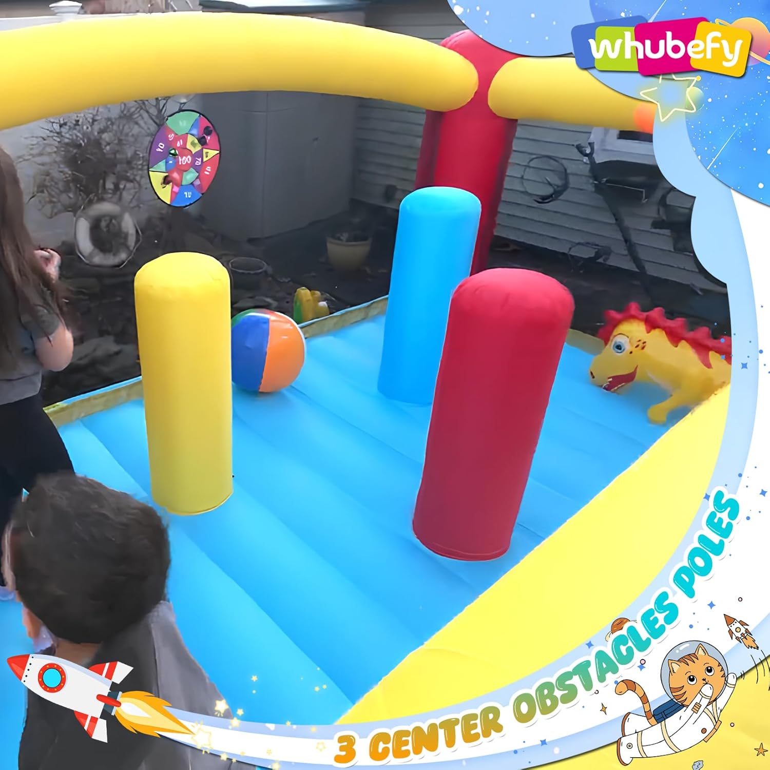 Whubefy Inflatable Bounce House Double Slide for Big Kids 3-6 8-12 with 3 Punching Bag Large Space Rocket Blow Up Bouncy Castle Obstacle Course 13.1x11.2x7.1ft w/Blower Indoor Outdoor Fun