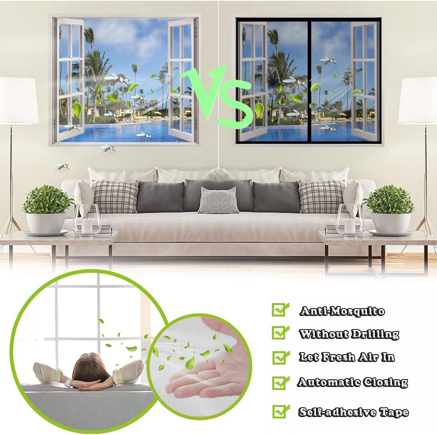 White Self-Adhesive Window Screen Netting Mesh Curtain W80 x H200cm DIY Window Net with Hook and Loop Tape Fastener,Fiberglass Fine Meshs,Windows Mesh with Magnets,Windows Screens for House