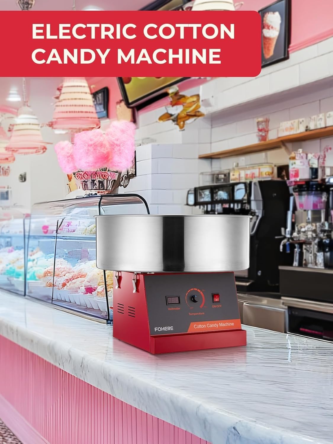 FOHERE 1030W Cotton Candy Machine, Electric Commercial Candy Floss Maker, 20 inch Stainless Steel Bowl,Easy Use for Home Kids Birthday, Family Party, Carnival