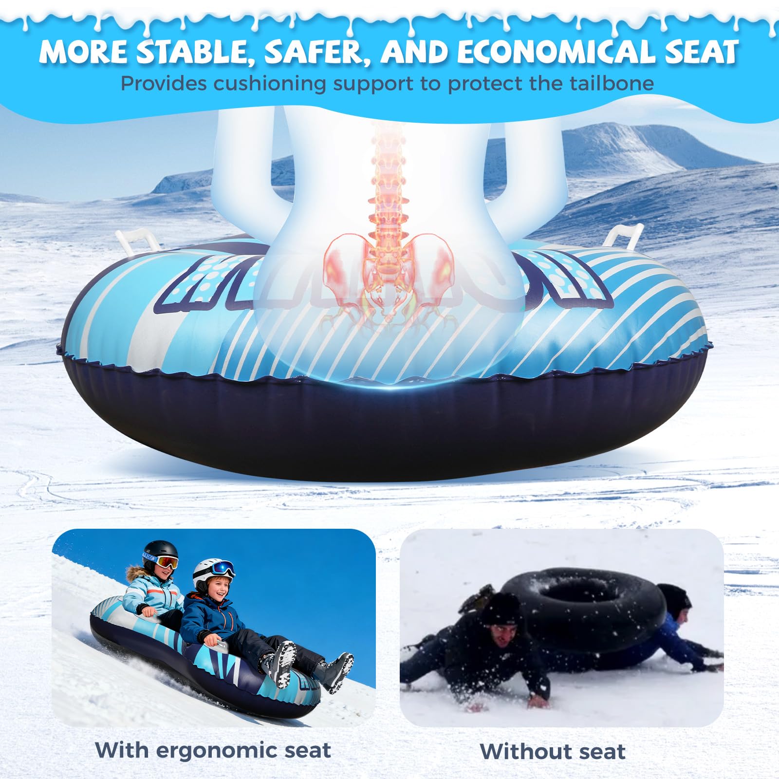 Tube à neige avec corde de remorquage remorquable, luge gonflable robuste pour enfants et adultes de qualité supérieure résistante à l'abrasion pour l'hiver et l'extérieur, kit double patch