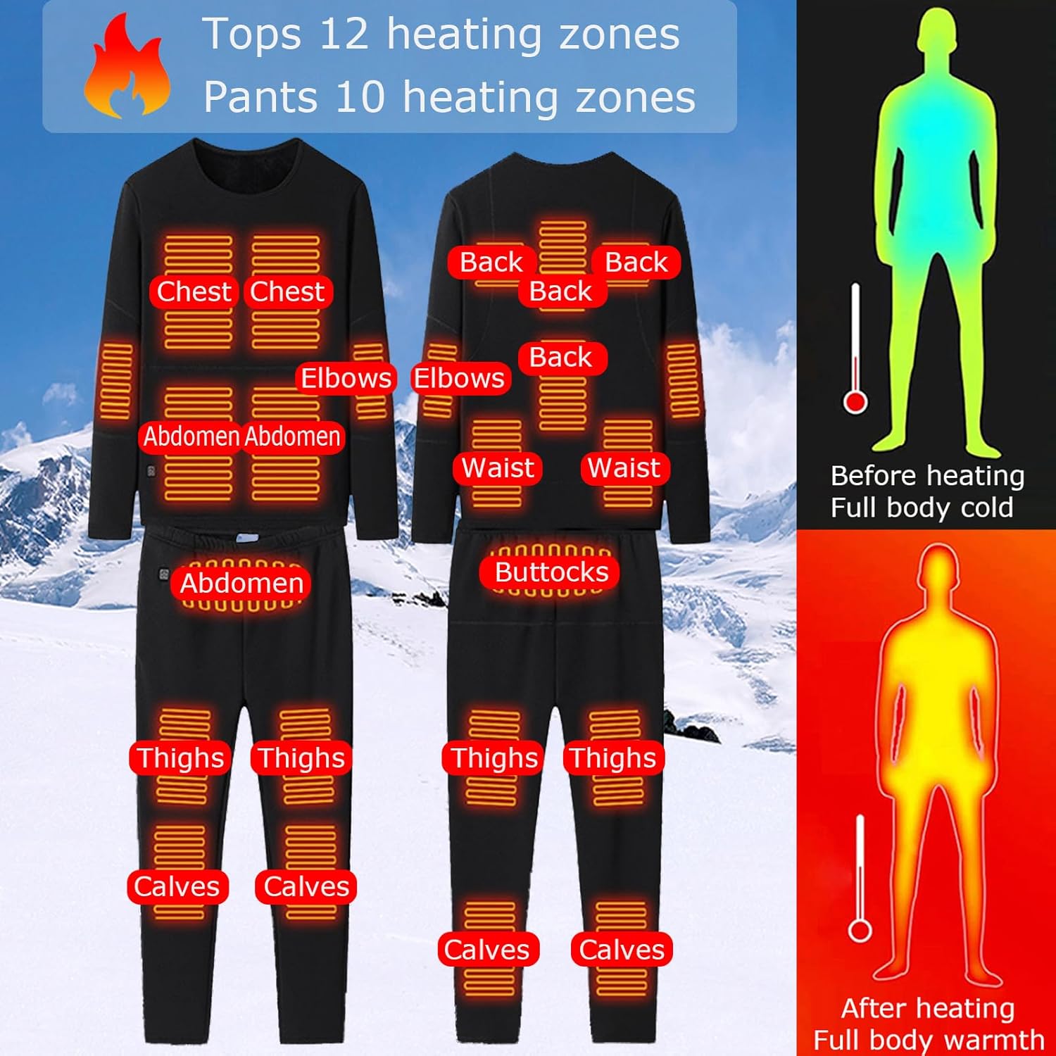 Smart USB Heated Underwear Winters Electric Heating Thermal Underwear, Unisex, 3-Level Temperature for Outdoor Skiing