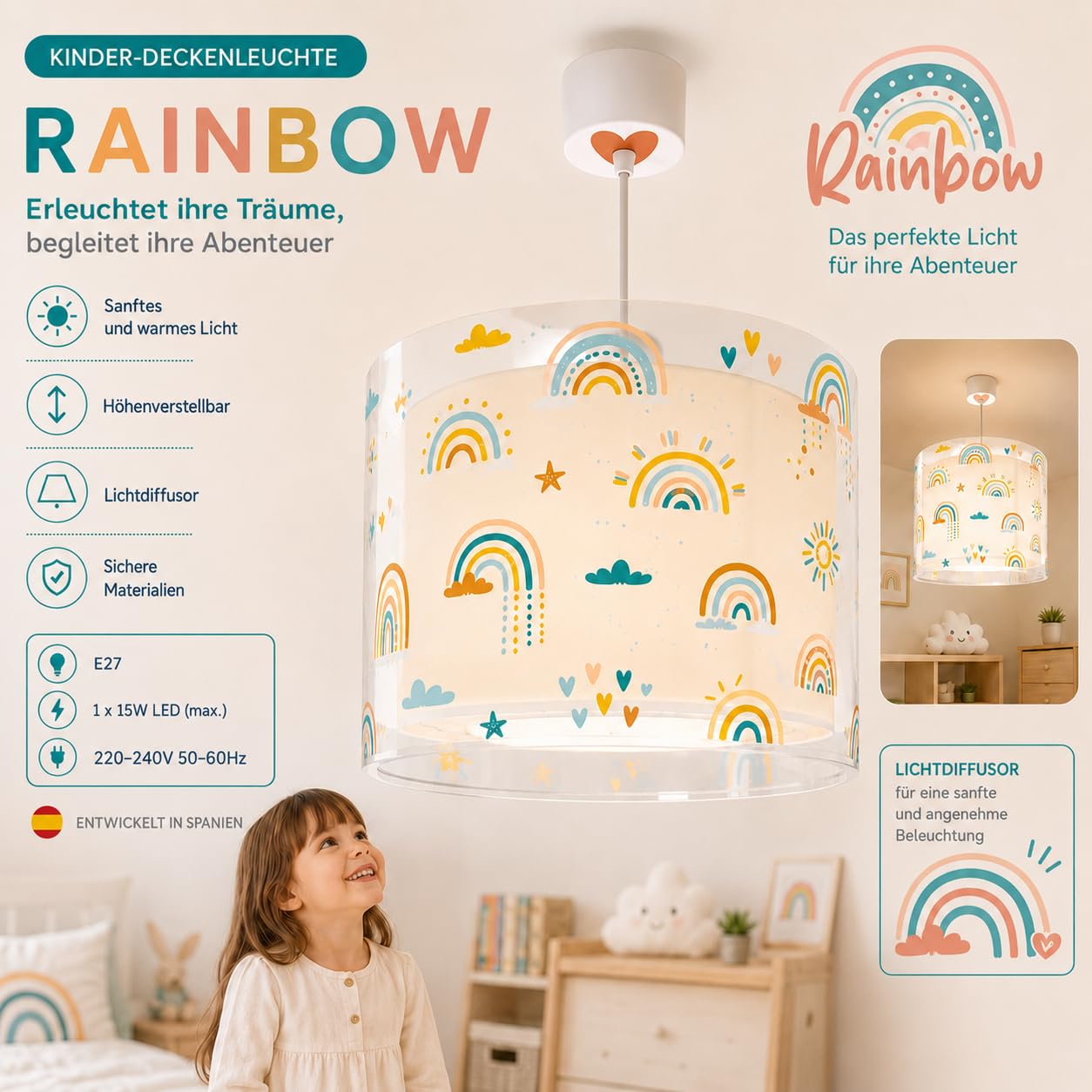 Dalber Kinder Pendelleuchte Rainbow Regenbogen 41192M | Hängelampe; Deckenleuchte; Kinderzimmer; E27 - 1 x 15W