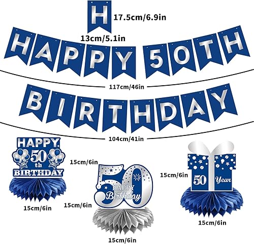 Miniatura 3 de Cartel de cumpleaños azul plateado con purpurina número 50, decoraciones de feliz cumpleaños de 50 años, pancarta colgante de espirales de abeja