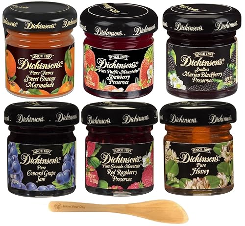 Dickinson's Jams & Preserves Variety, mermelada de naranja dulce, conservas de fresa, mora sin semillas, mermelada de uva Concord, frambuesa roja y